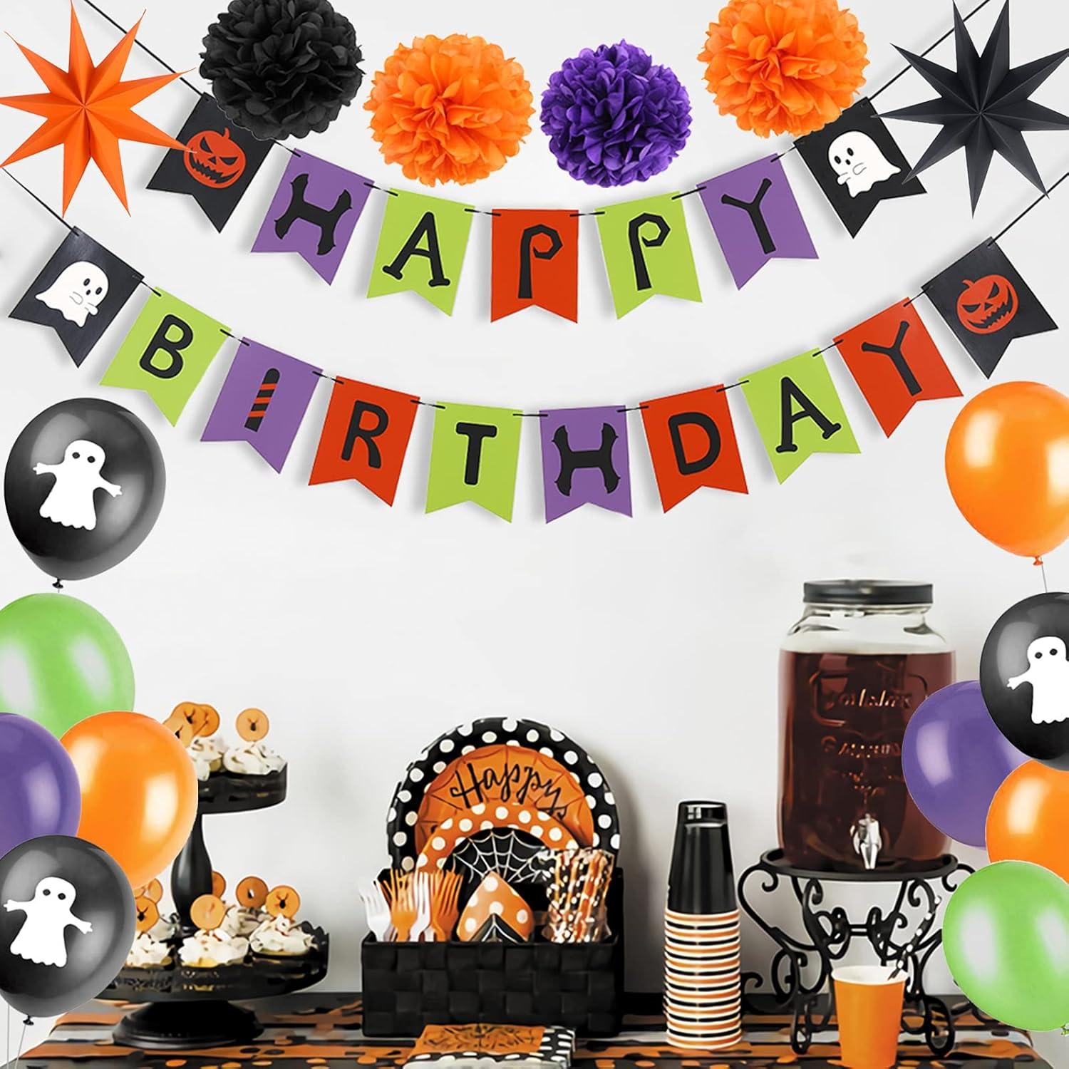 imageHalloween Birthday Party Decorations Happy Birthday Banner Halloween Glasses Purple Orange Tissue Pom Poms for Baby Shower Halloween Theme Birthday Party Supplies SUNBEAUTY