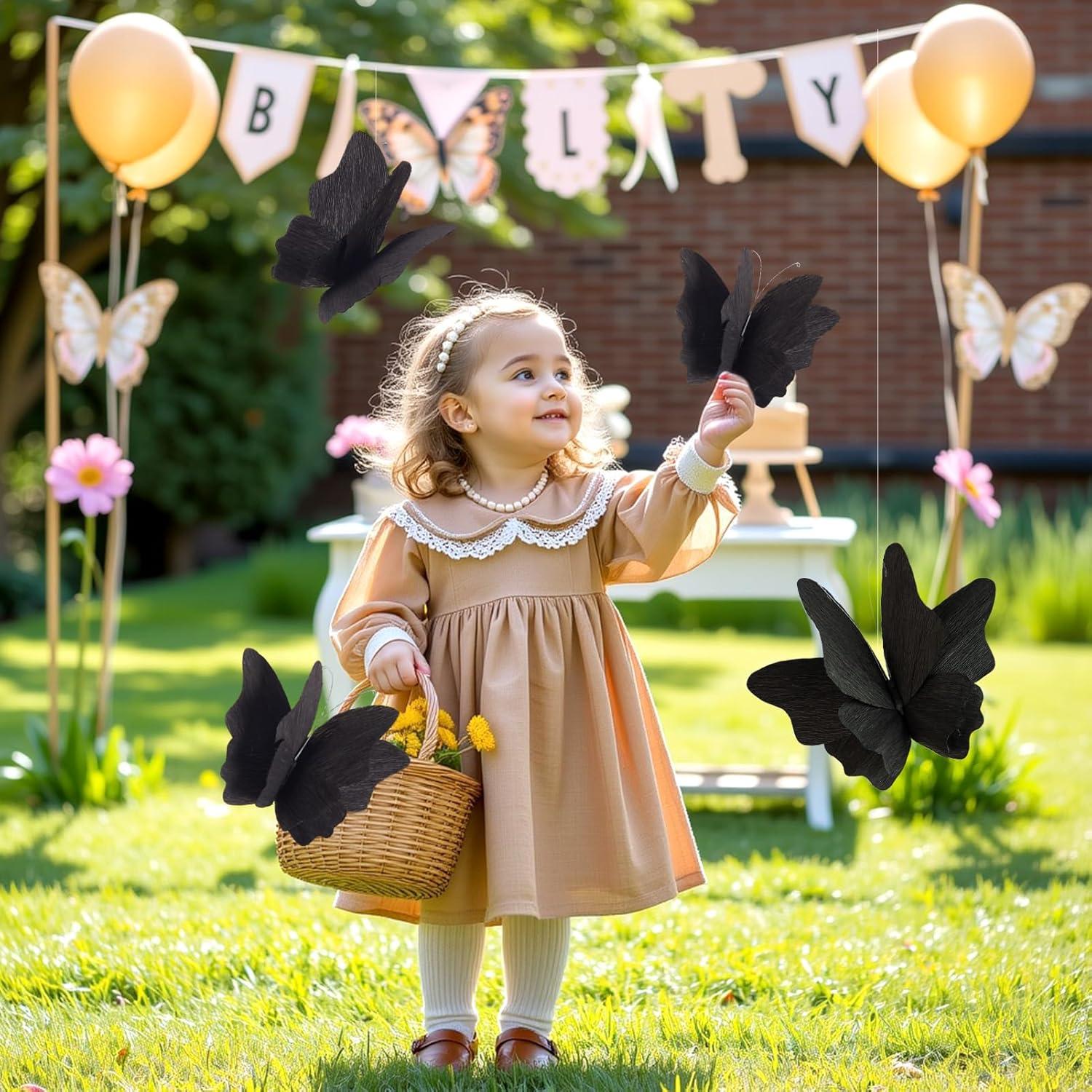 imageParty Butterfly Decorations Black 3D Butterfly Birthday Decoration 4 Pcs Crepe Paper Hanging Decor for Room School Black Theme Flower Party for Garden Dining Table DecorBlack 4