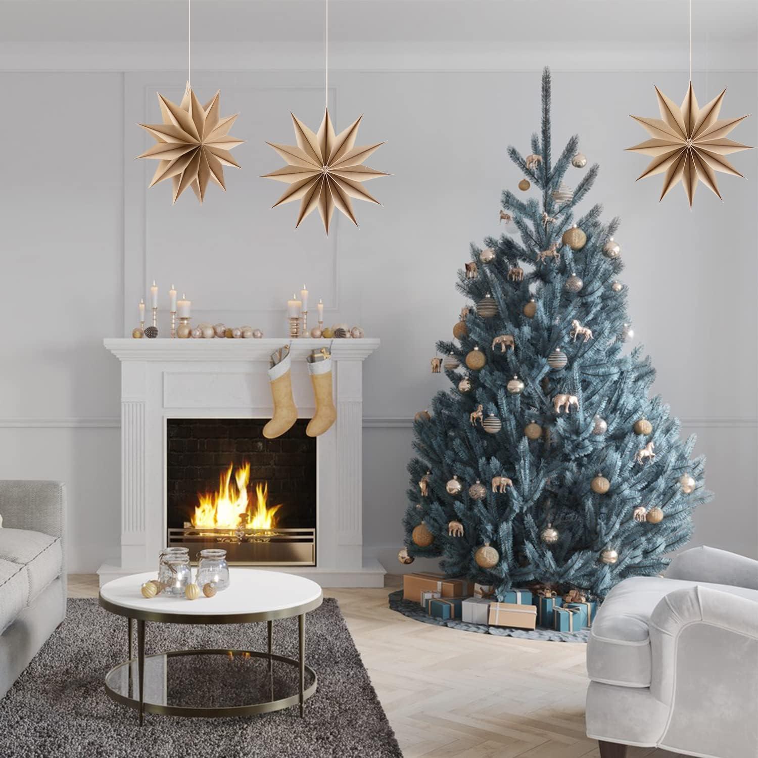 imageSUNBEAUTY 3 Pcs 12Pointed Paper Star Brown Grey White Lanterns 12 Inch Christmas Hanging Lamp Shade Wedding Birthday Christmas Home Party DecorationsBrown Log