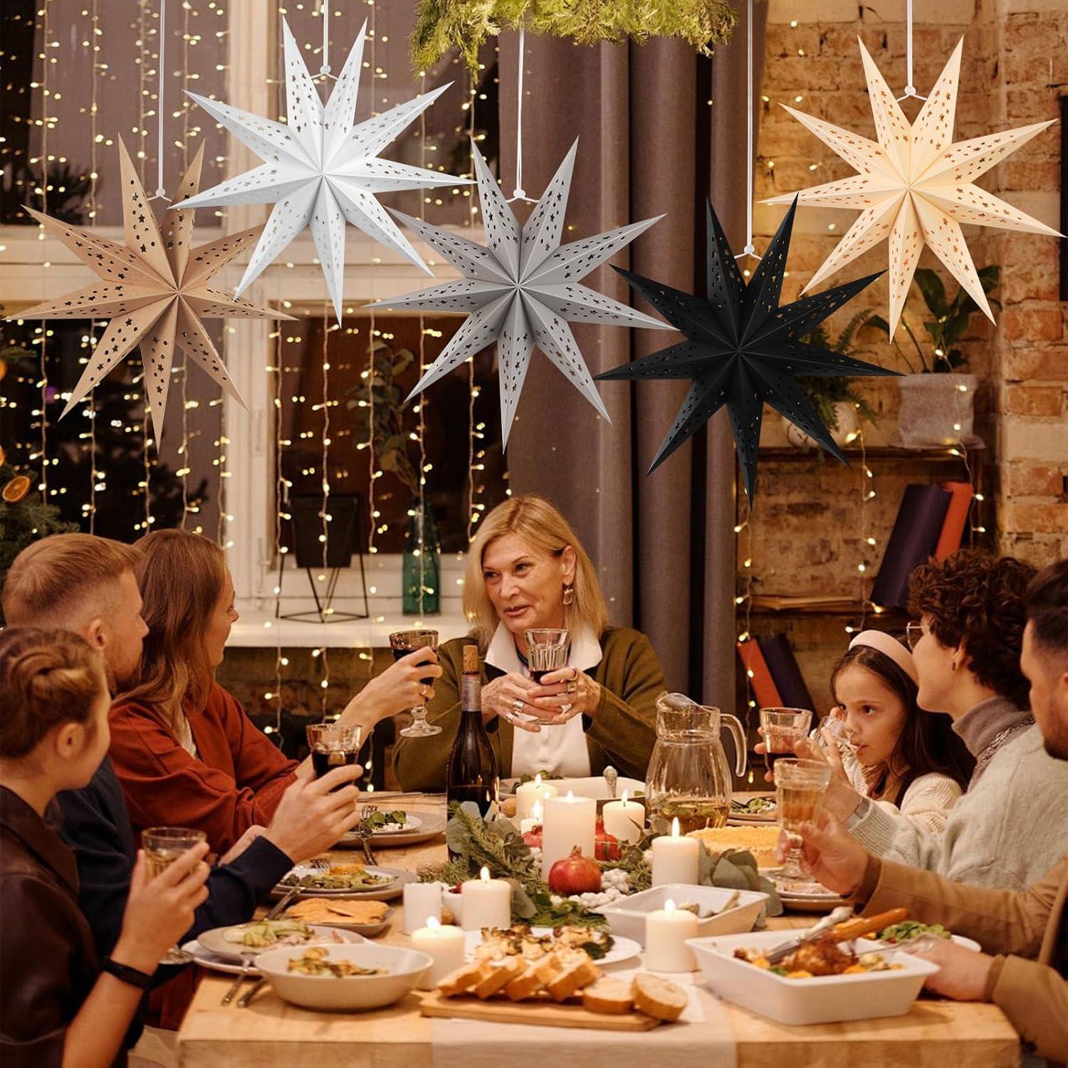 imageSUNBEAUTY 3 Pcs 12Pointed Paper Star Brown Grey White Lanterns 12 Inch Christmas Hanging Lamp Shade Wedding Birthday Christmas Home Party DecorationsBrown White Gray