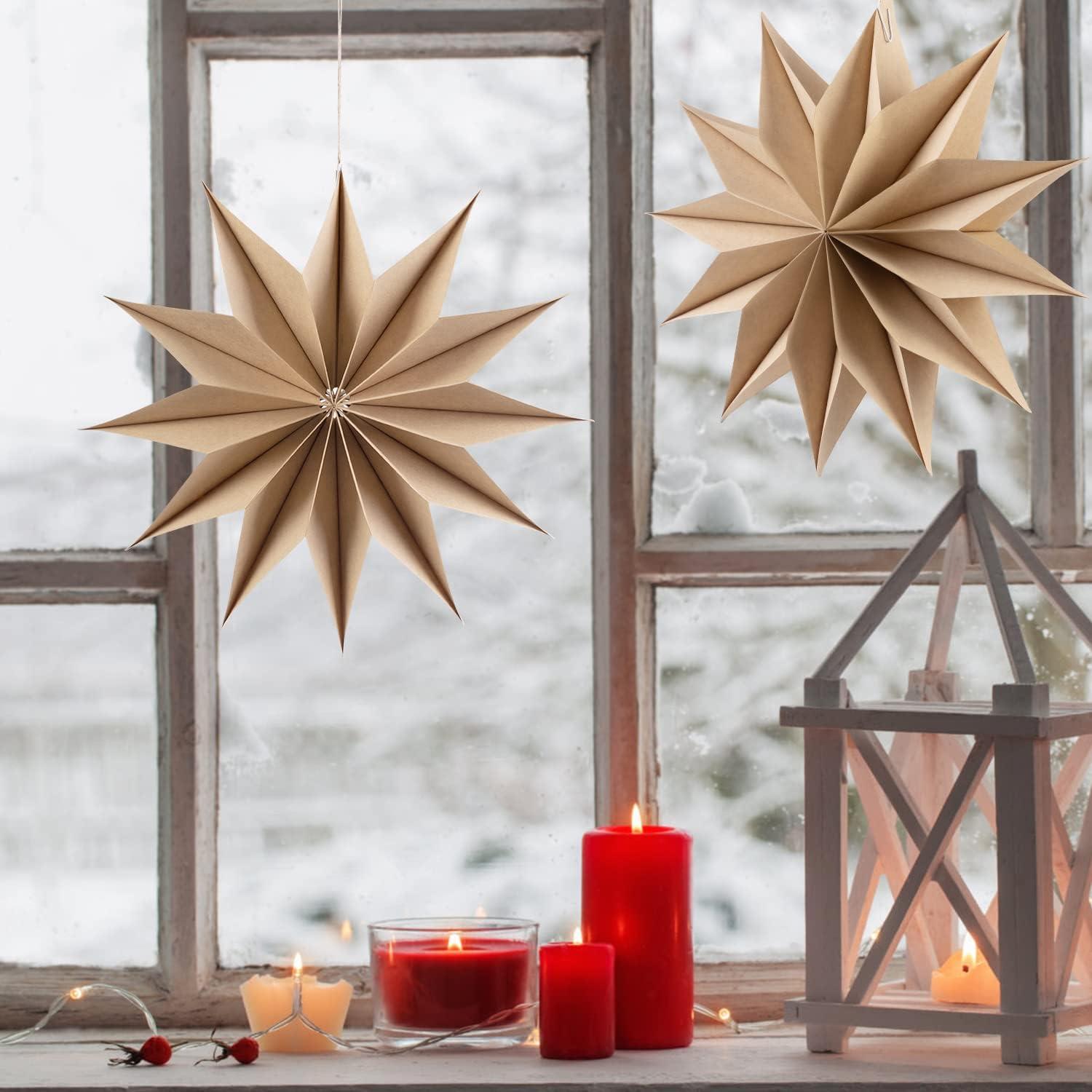 imageSUNBEAUTY 3 Pcs 12Pointed Paper Star Brown Grey White Lanterns 12 Inch Christmas Hanging Lamp Shade Wedding Birthday Christmas Home Party DecorationsBrown Log