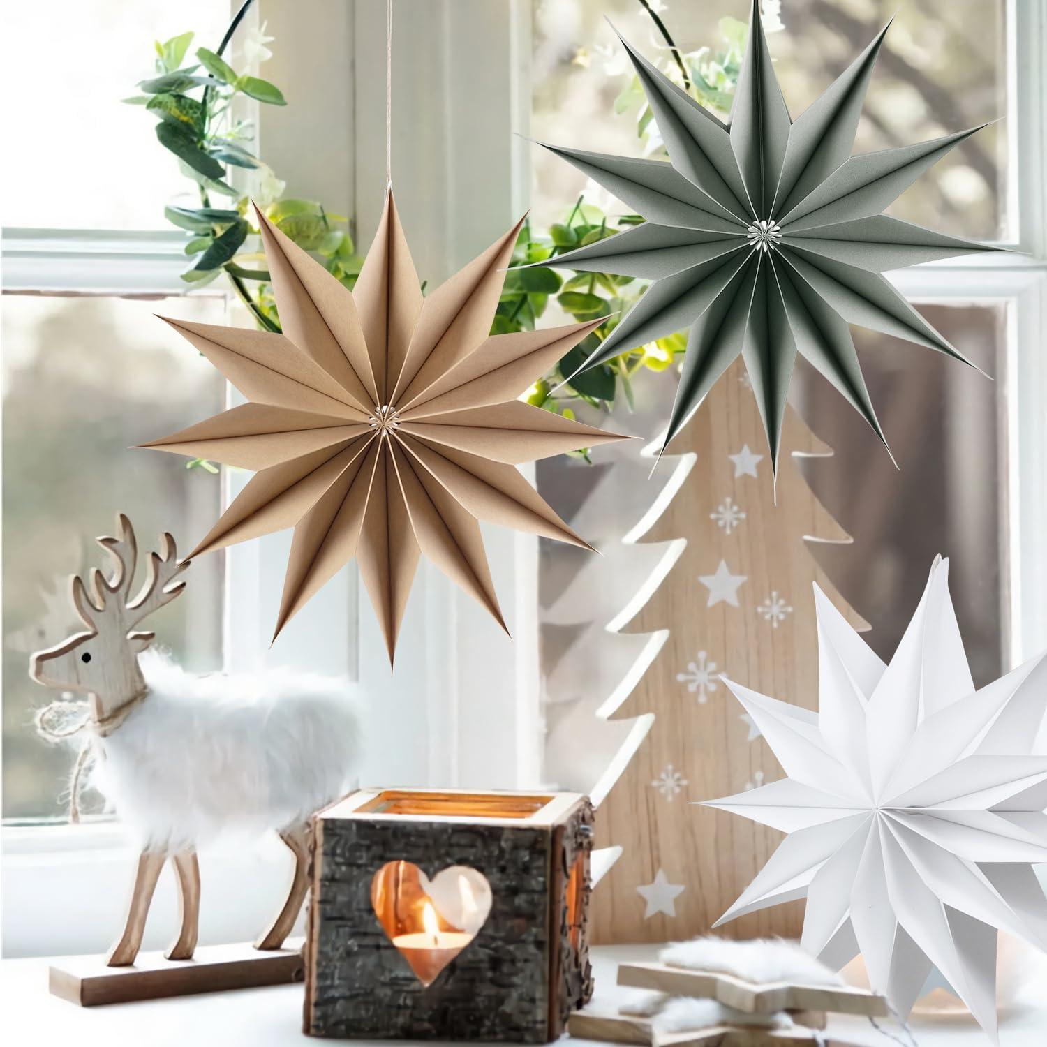 imageSUNBEAUTY 3 Pcs 12Pointed Paper Star Brown Grey White Lanterns 12 Inch Christmas Hanging Lamp Shade Wedding Birthday Christmas Home Party DecorationsBrown Grey White