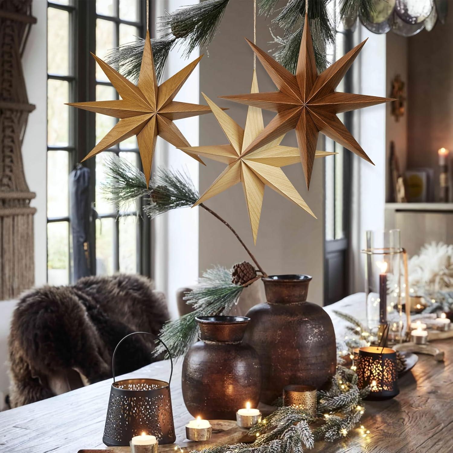 imageSUNBEAUTY 3 Pcs 12Pointed Paper Star Brown Grey White Lanterns 12 Inch Christmas Hanging Lamp Shade Wedding Birthday Christmas Home Party DecorationsBrown Wooden