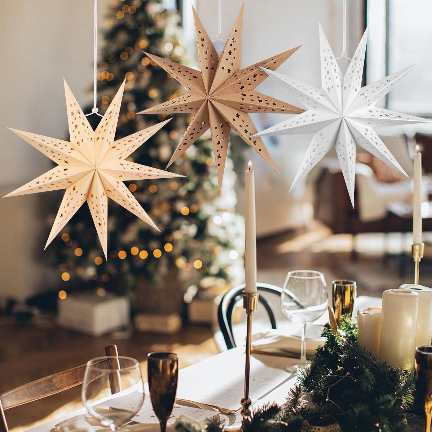 imageSUNBEAUTY 3 Pcs 12Pointed Paper Star Brown Grey White Lanterns 12 Inch Christmas Hanging Lamp Shade Wedding Birthday Christmas Home Party DecorationsBrown White Gray