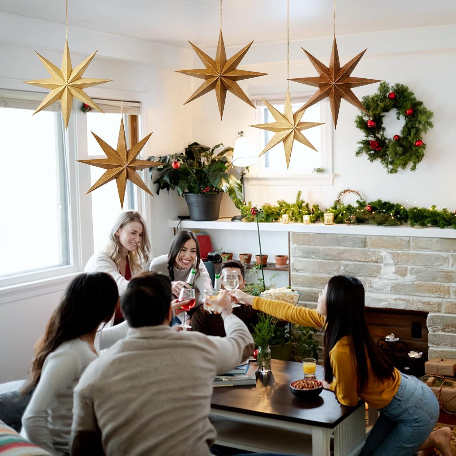 imageSUNBEAUTY 3 Pcs 12Pointed Paper Star Brown Grey White Lanterns 12 Inch Christmas Hanging Lamp Shade Wedding Birthday Christmas Home Party DecorationsBrown Wooden