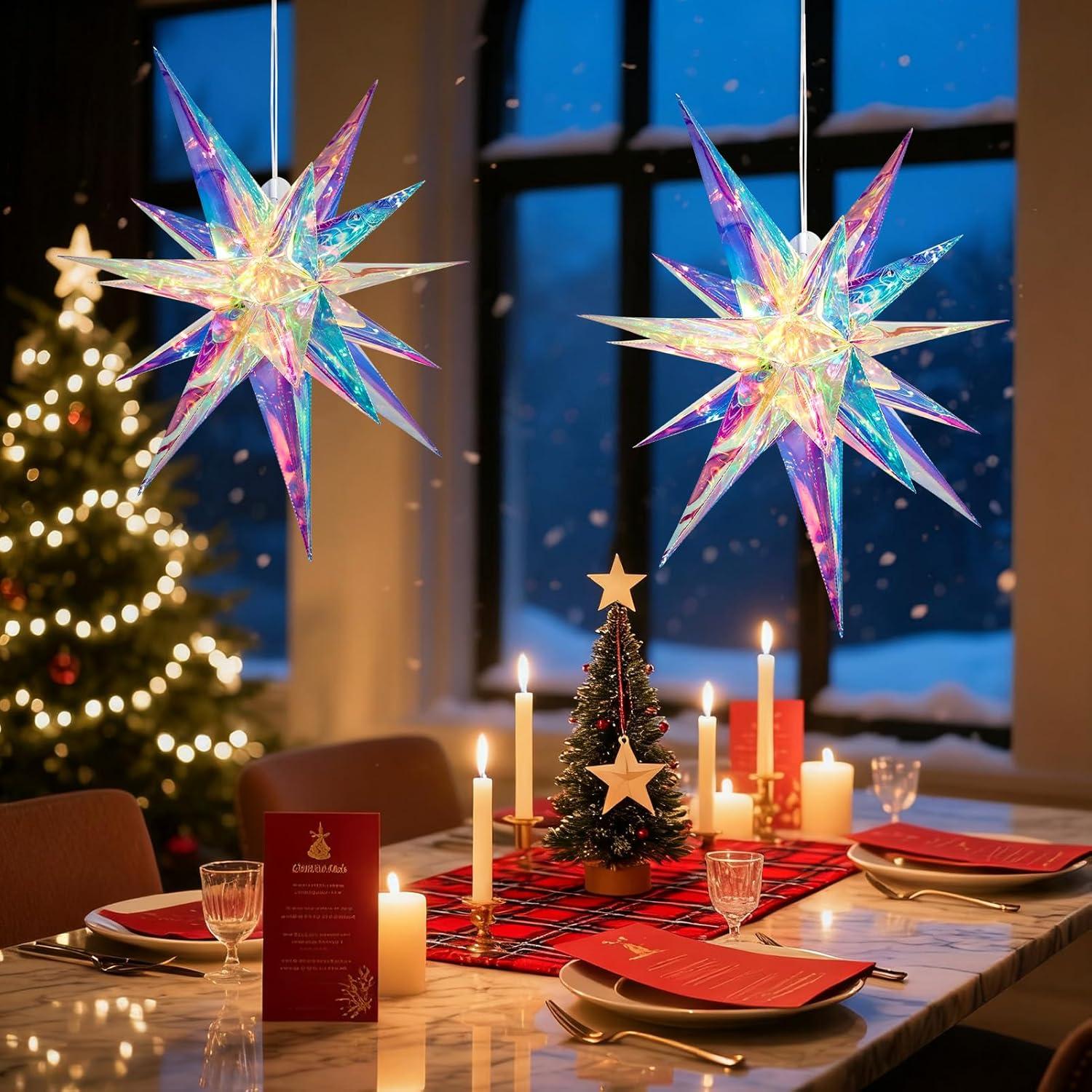 imageSUNBEAUTY 3 Pcs 12Pointed Paper Star Brown Grey White Lanterns 12 Inch Christmas Hanging Lamp Shade Wedding Birthday Christmas Home Party DecorationsColorful Large Stars 1