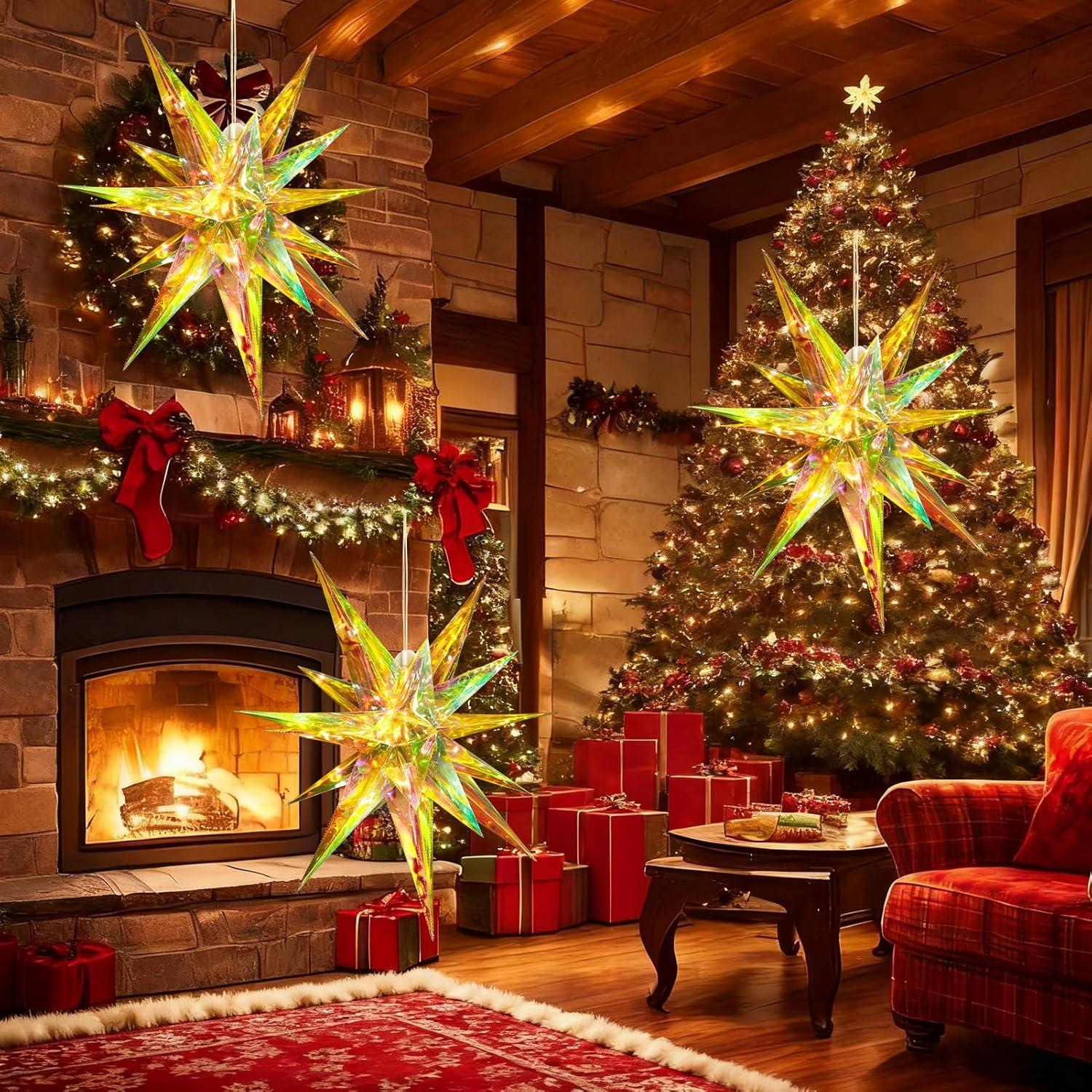 imageSUNBEAUTY 3 Pcs 12Pointed Paper Star Brown Grey White Lanterns 12 Inch Christmas Hanging Lamp Shade Wedding Birthday Christmas Home Party DecorationsColorful Large Stars 1