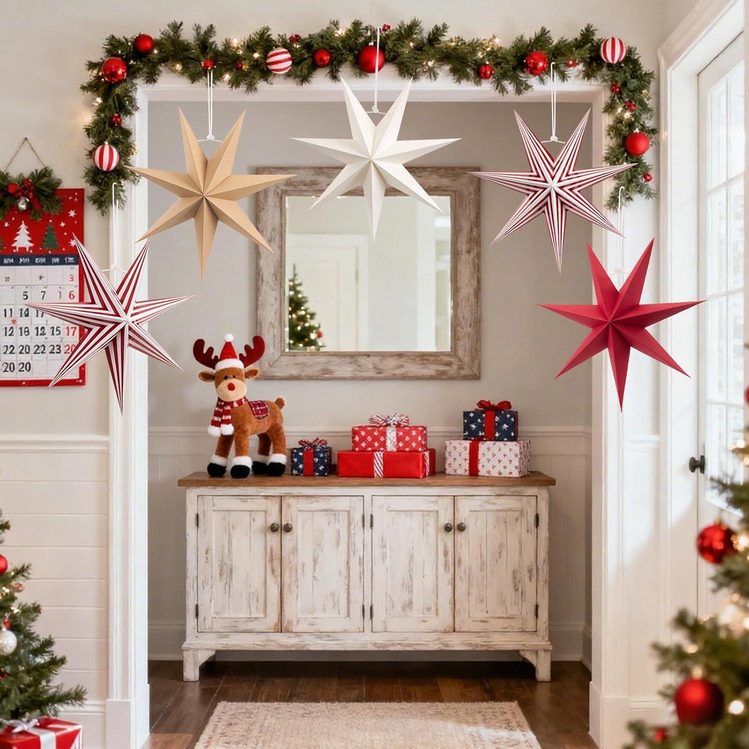imageSUNBEAUTY 3 Pcs 12Pointed Paper Star Brown Grey White Lanterns 12 Inch Christmas Hanging Lamp Shade Wedding Birthday Christmas Home Party DecorationsRed White Stars 5