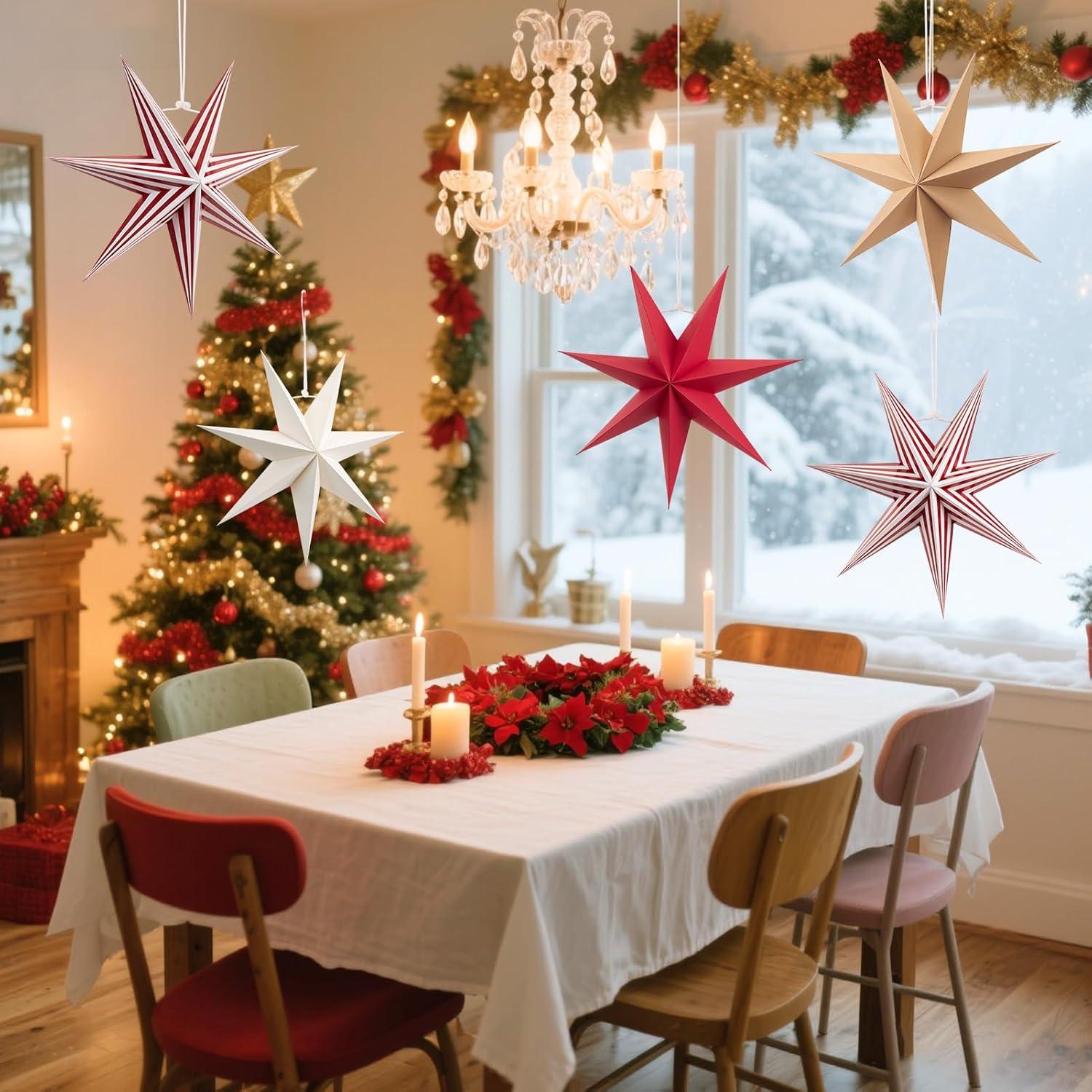 imageSUNBEAUTY 3 Pcs 12Pointed Paper Star Brown Grey White Lanterns 12 Inch Christmas Hanging Lamp Shade Wedding Birthday Christmas Home Party DecorationsRed White Stars 5