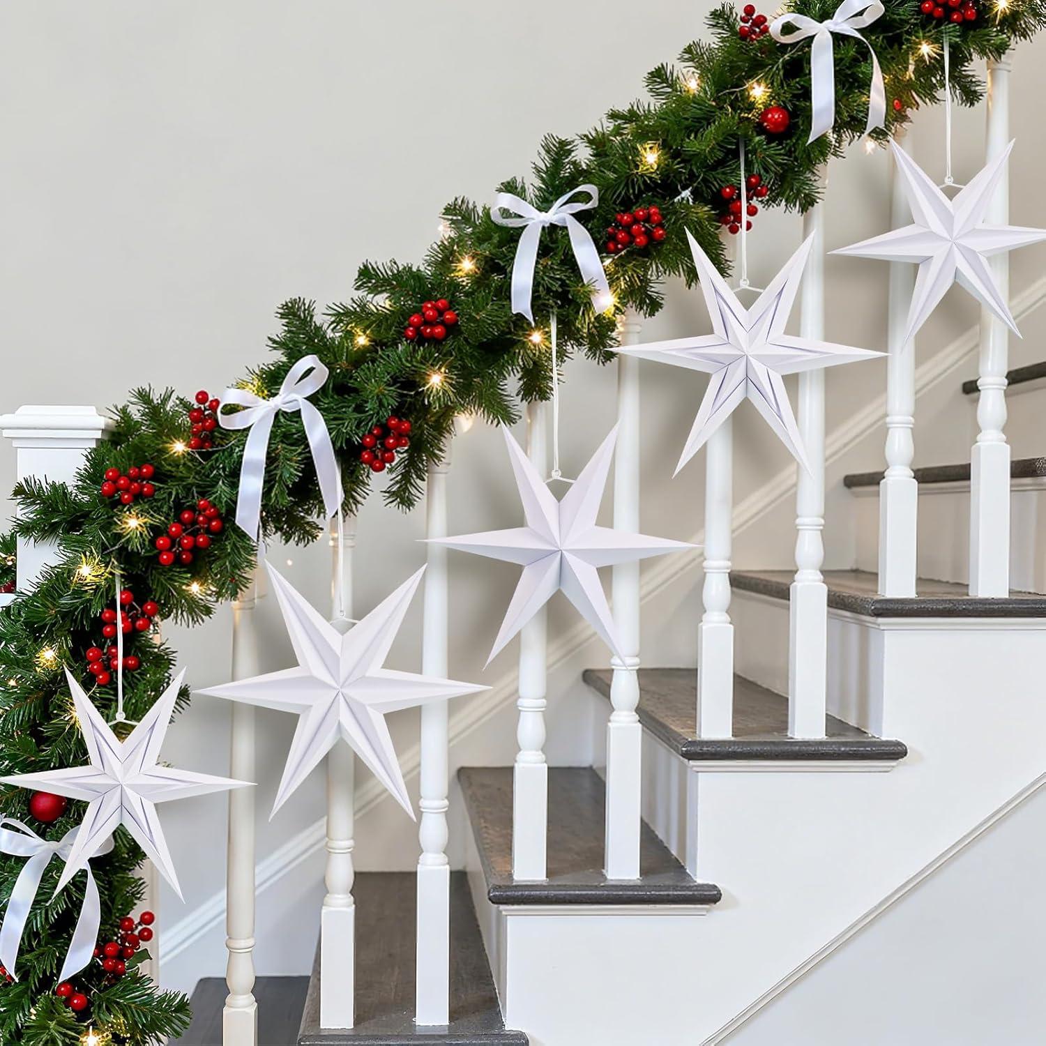 imageSUNBEAUTY 3 Pcs 12Pointed Paper Star Brown Grey White Lanterns 12 Inch Christmas Hanging Lamp Shade Wedding Birthday Christmas Home Party DecorationsWhite Sd 5