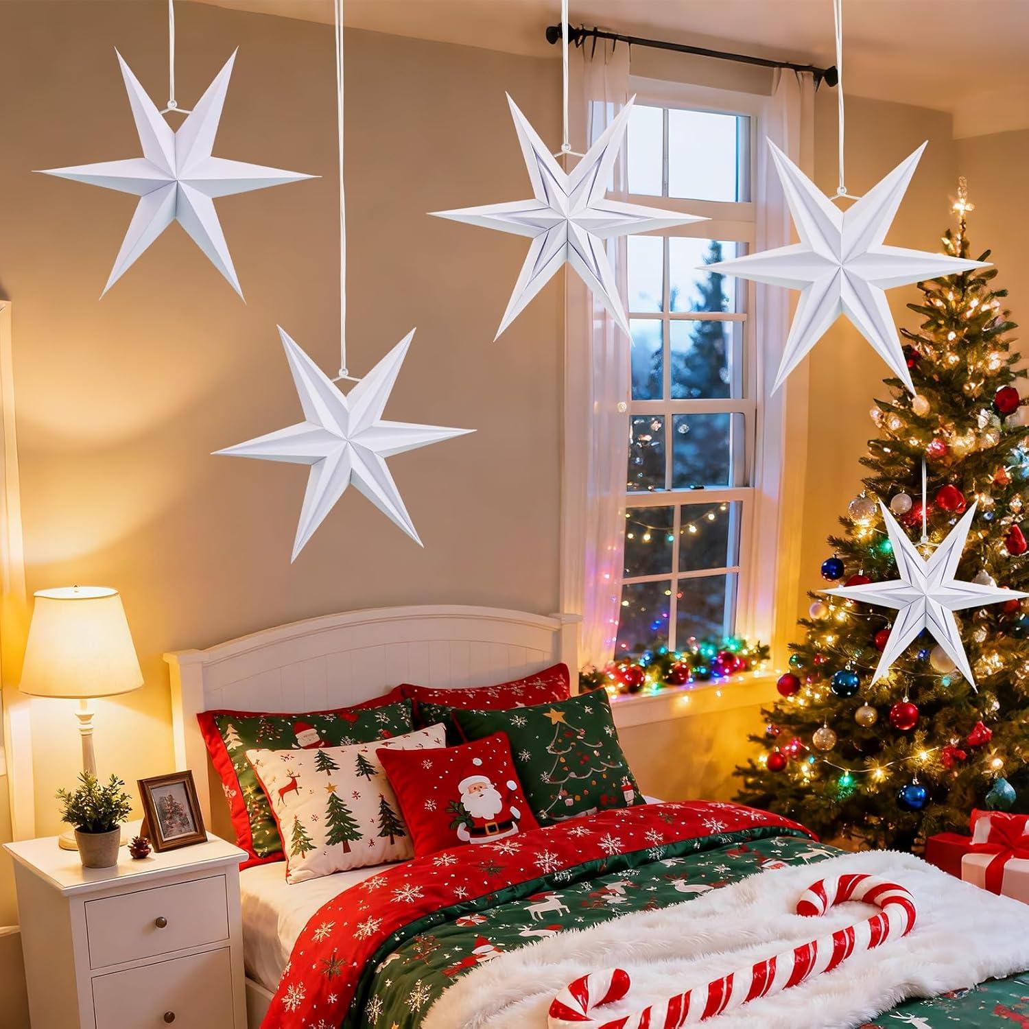 imageSUNBEAUTY 3 Pcs 12Pointed Paper Star Brown Grey White Lanterns 12 Inch Christmas Hanging Lamp Shade Wedding Birthday Christmas Home Party DecorationsWhite Sd 5