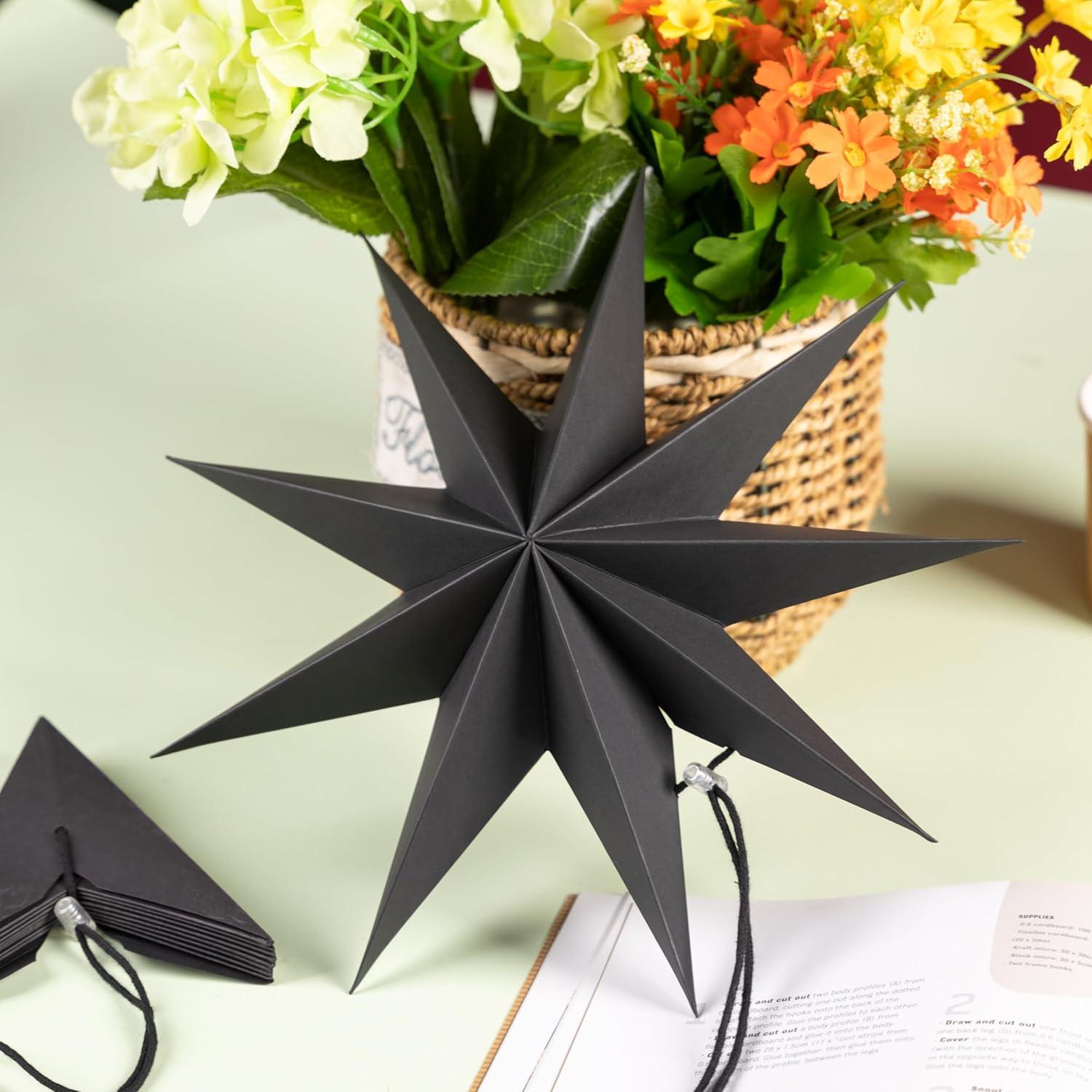 imageSUNBEAUTY 3 Pcs 9Pointed White Paper Star Lanterns 12 Inch Hanging Lampshade Wedding Birthday Christmas Home Party DecorationBlack