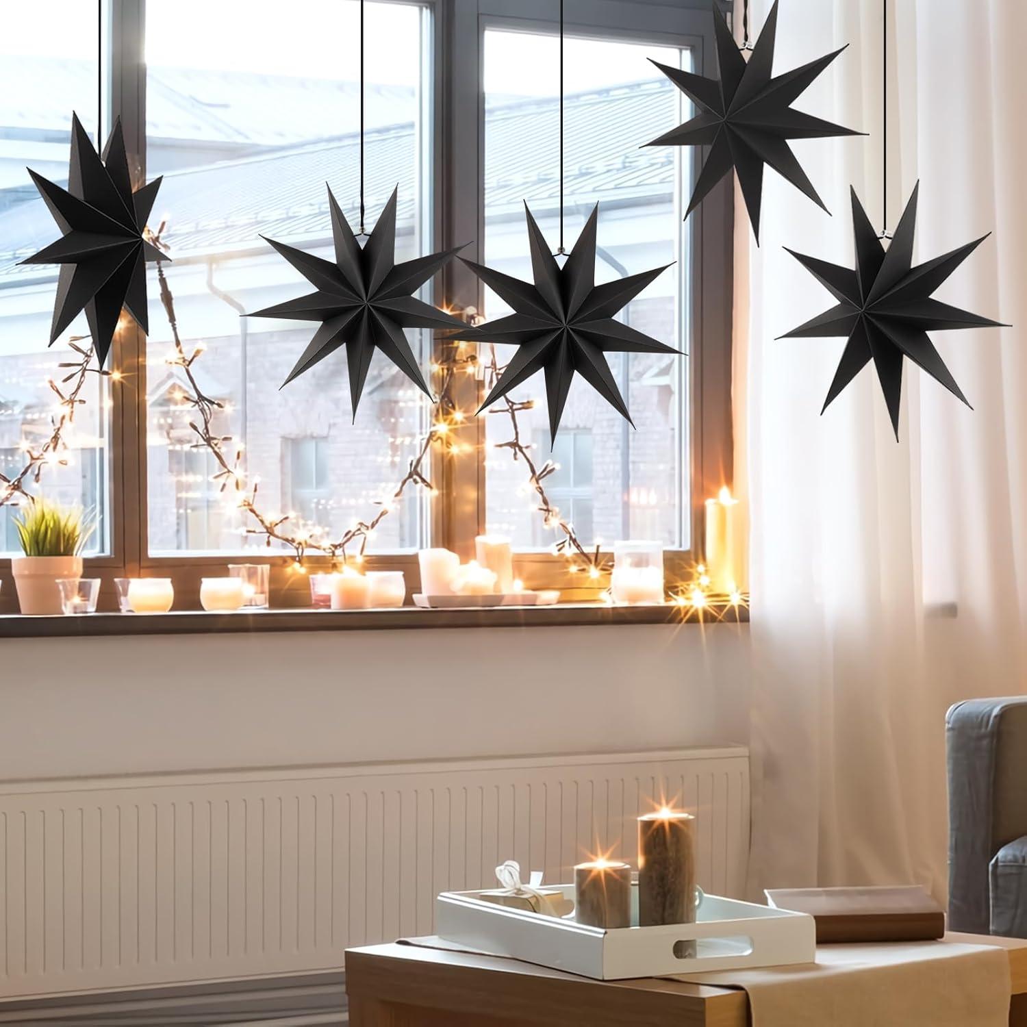 imageSUNBEAUTY 3 Pcs 9Pointed White Paper Star Lanterns 12 Inch Hanging Lampshade Wedding Birthday Christmas Home Party DecorationBlack