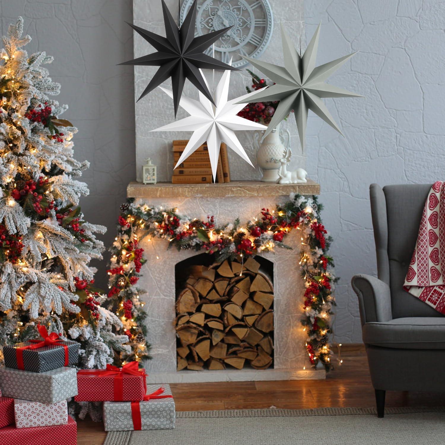 imageSUNBEAUTY 3 Pcs 9Pointed White Paper Star Lanterns 12 Inch Hanging Lampshade Wedding Birthday Christmas Home Party DecorationBlack White Grey