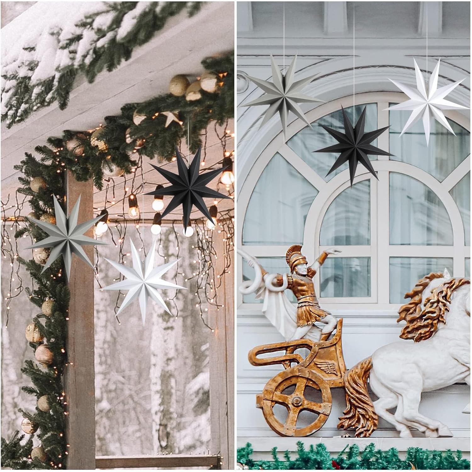 imageSUNBEAUTY 3 Pcs 9Pointed White Paper Star Lanterns 12 Inch Hanging Lampshade Wedding Birthday Christmas Home Party DecorationBlack White Grey