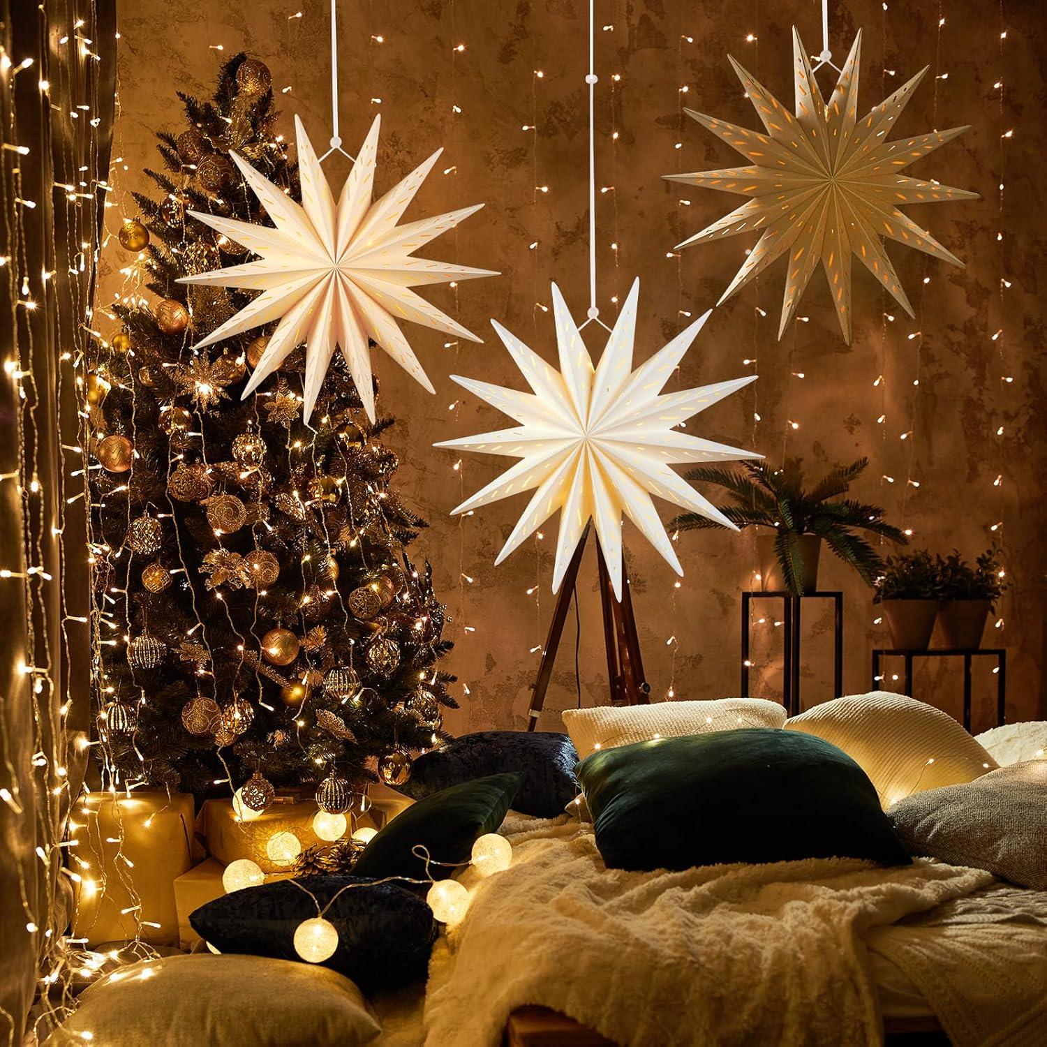 imageSUNBEAUTY 3 Pcs 9Pointed White Paper Star Lanterns 12 Inch Hanging Lampshade Wedding Birthday Christmas Home Party DecorationBrown White