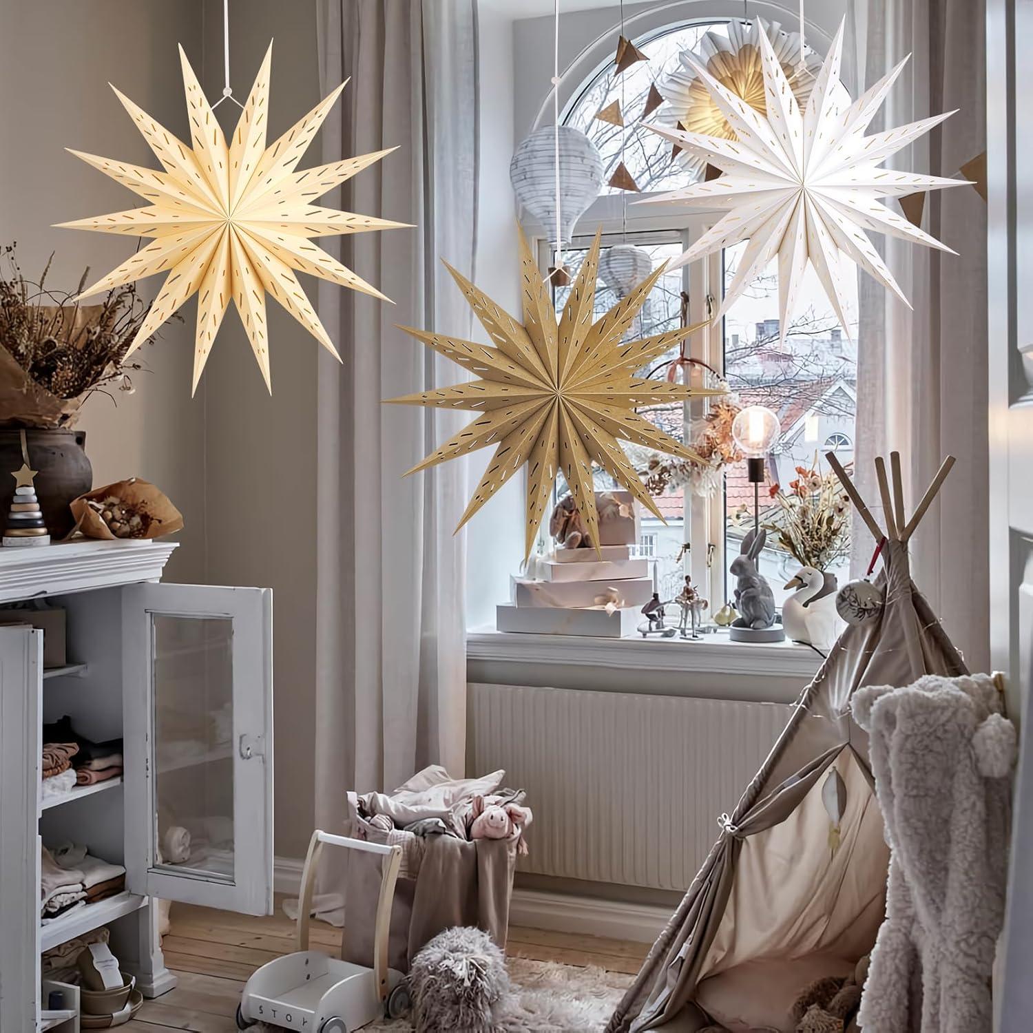 imageSUNBEAUTY 3 Pcs 9Pointed White Paper Star Lanterns 12 Inch Hanging Lampshade Wedding Birthday Christmas Home Party DecorationBrown White