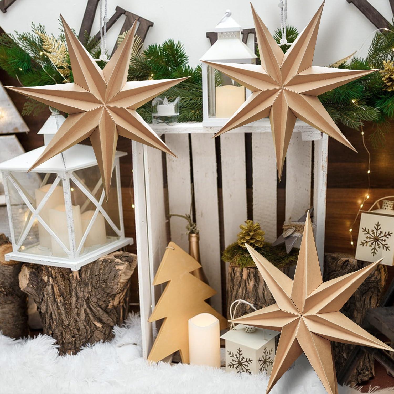 imageSUNBEAUTY 3 Pcs 9Pointed White Paper Star Lanterns 12 Inch Hanging Lampshade Wedding Birthday Christmas Home Party DecorationNatural