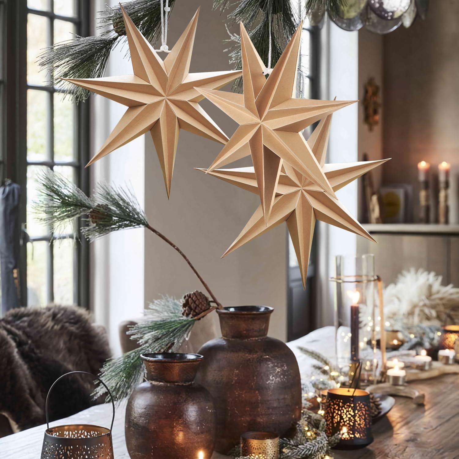 imageSUNBEAUTY 3 Pcs 9Pointed White Paper Star Lanterns 12 Inch Hanging Lampshade Wedding Birthday Christmas Home Party DecorationNatural