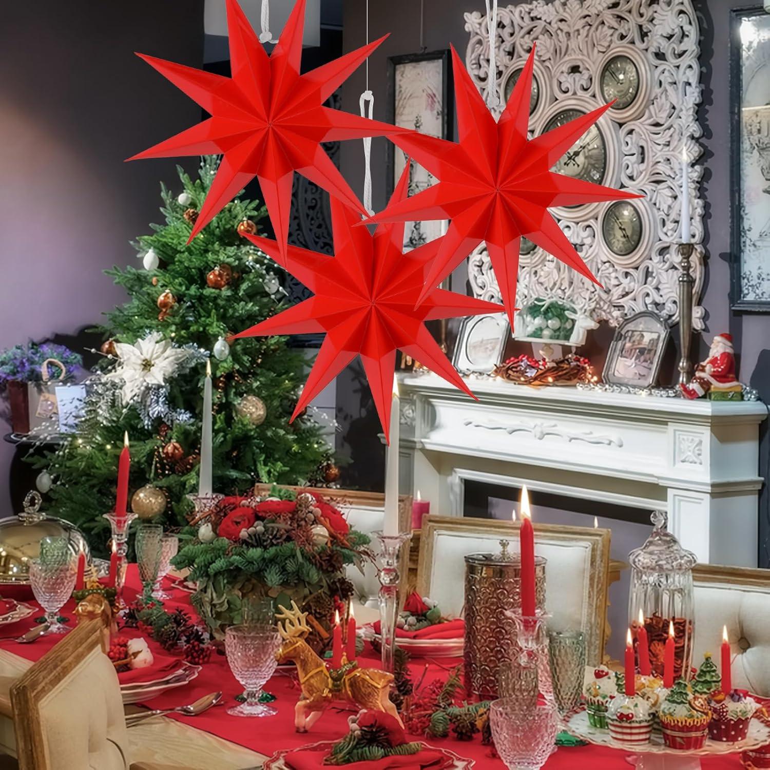 imageSUNBEAUTY 3 Pcs 9Pointed White Paper Star Lanterns 12 Inch Hanging Lampshade Wedding Birthday Christmas Home Party DecorationRed