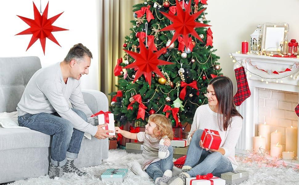 imageSUNBEAUTY 3 Pcs 9Pointed White Paper Star Lanterns 12 Inch Hanging Lampshade Wedding Birthday Christmas Home Party DecorationRed