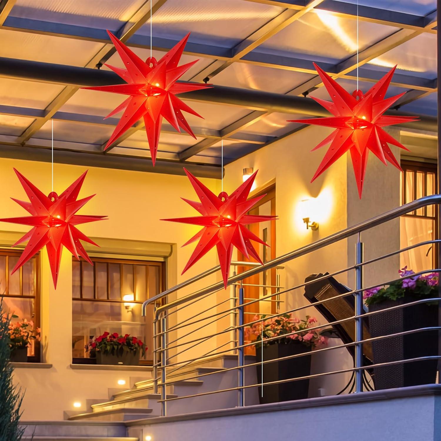 imageSUNBEAUTY 3 Pcs 9Pointed White Paper Star Lanterns 12 Inch Hanging Lampshade Wedding Birthday Christmas Home Party DecorationRed Waterproof