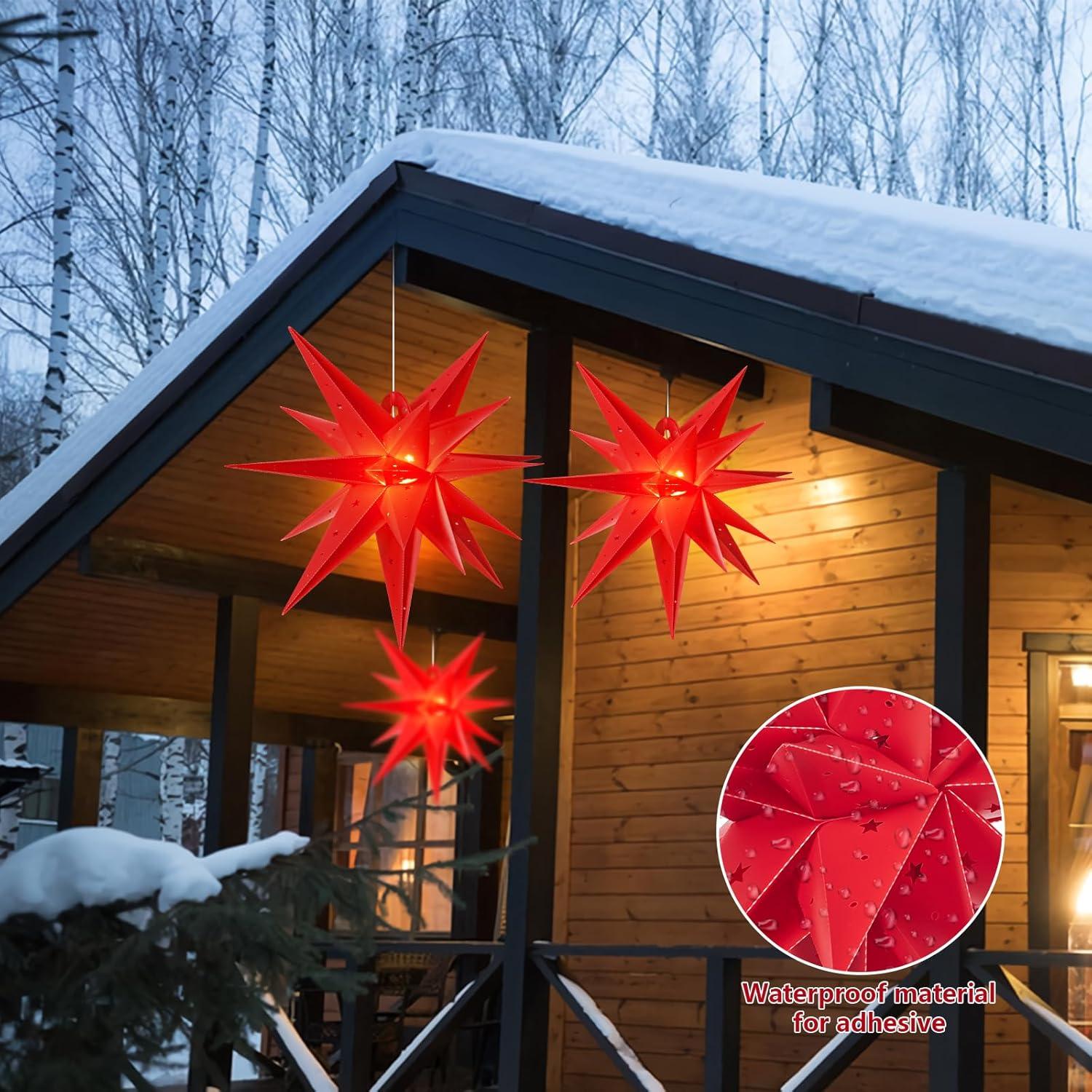 imageSUNBEAUTY 3 Pcs 9Pointed White Paper Star Lanterns 12 Inch Hanging Lampshade Wedding Birthday Christmas Home Party DecorationRed Waterproof