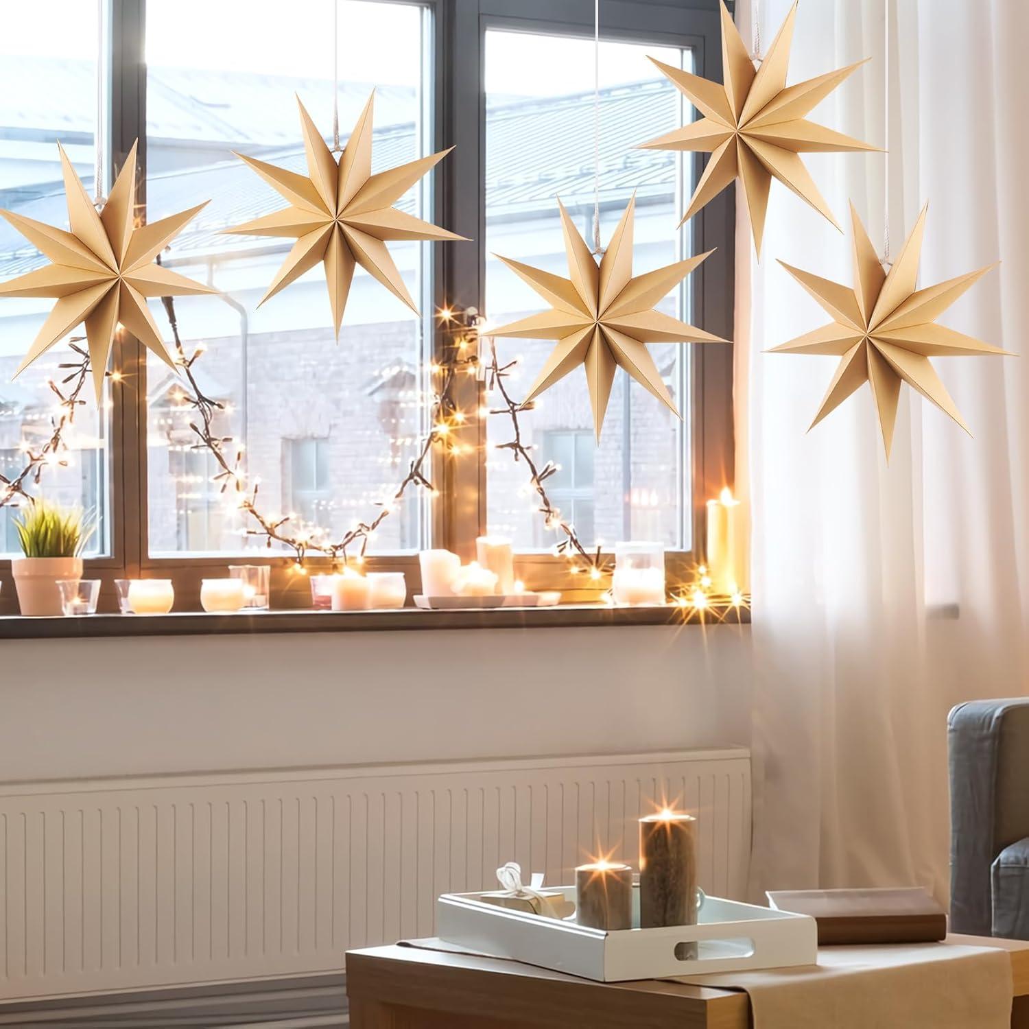 imageSUNBEAUTY 3 Pcs 9Pointed White Paper Star Lanterns 12 Inch Hanging Lampshade Wedding Birthday Christmas Home Party DecorationRustic