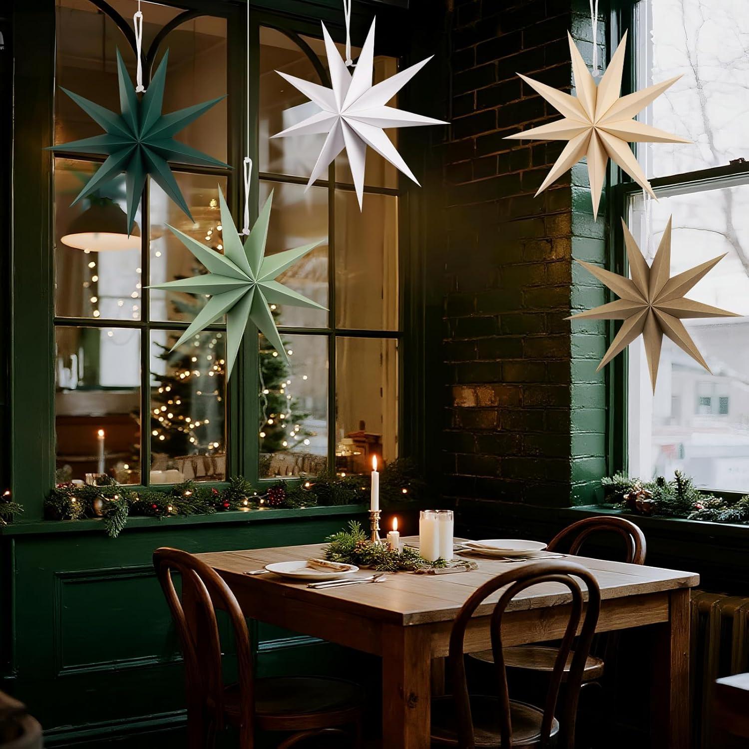 imageSUNBEAUTY 3 Pcs 9Pointed White Paper Star Lanterns 12 Inch Hanging Lampshade Wedding Birthday Christmas Home Party DecorationSage Green
