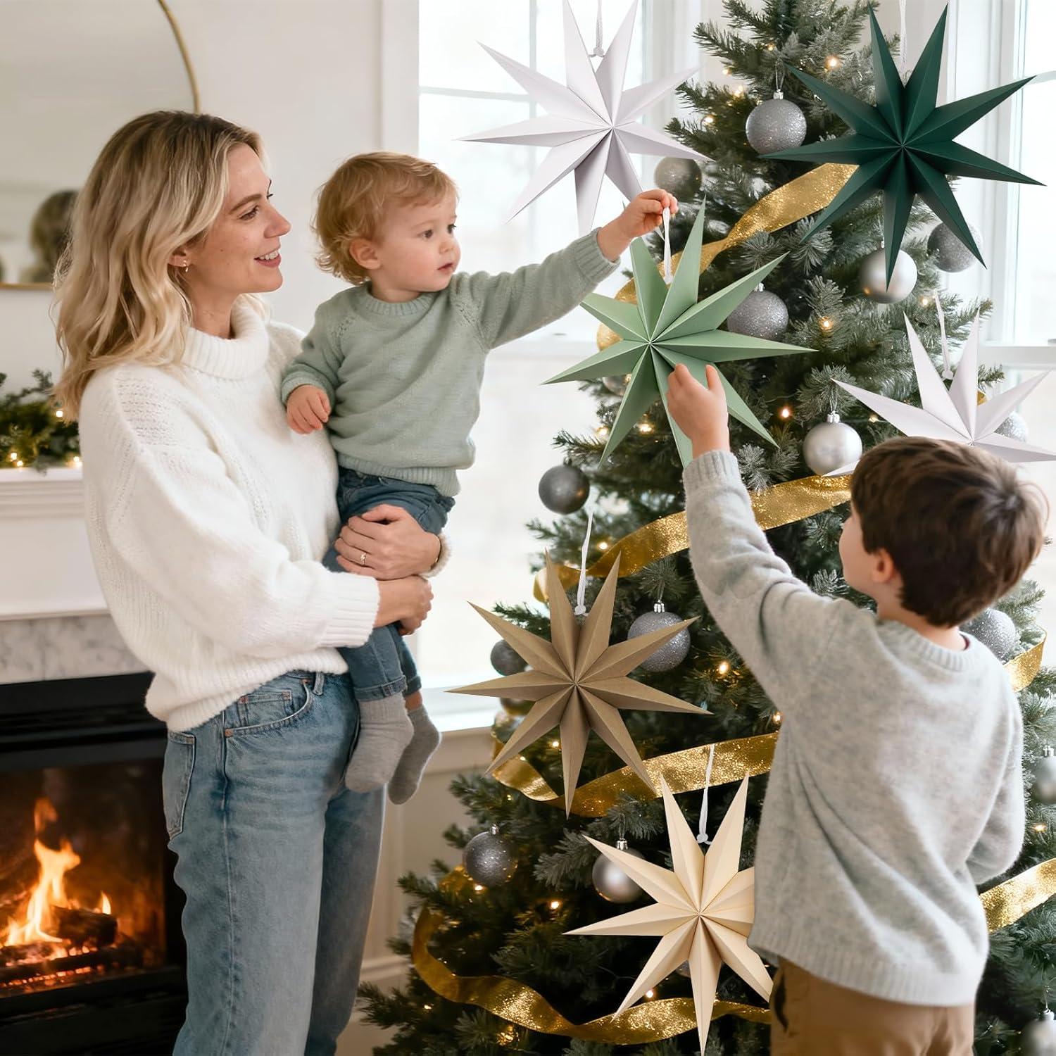imageSUNBEAUTY 3 Pcs 9Pointed White Paper Star Lanterns 12 Inch Hanging Lampshade Wedding Birthday Christmas Home Party DecorationSage Green