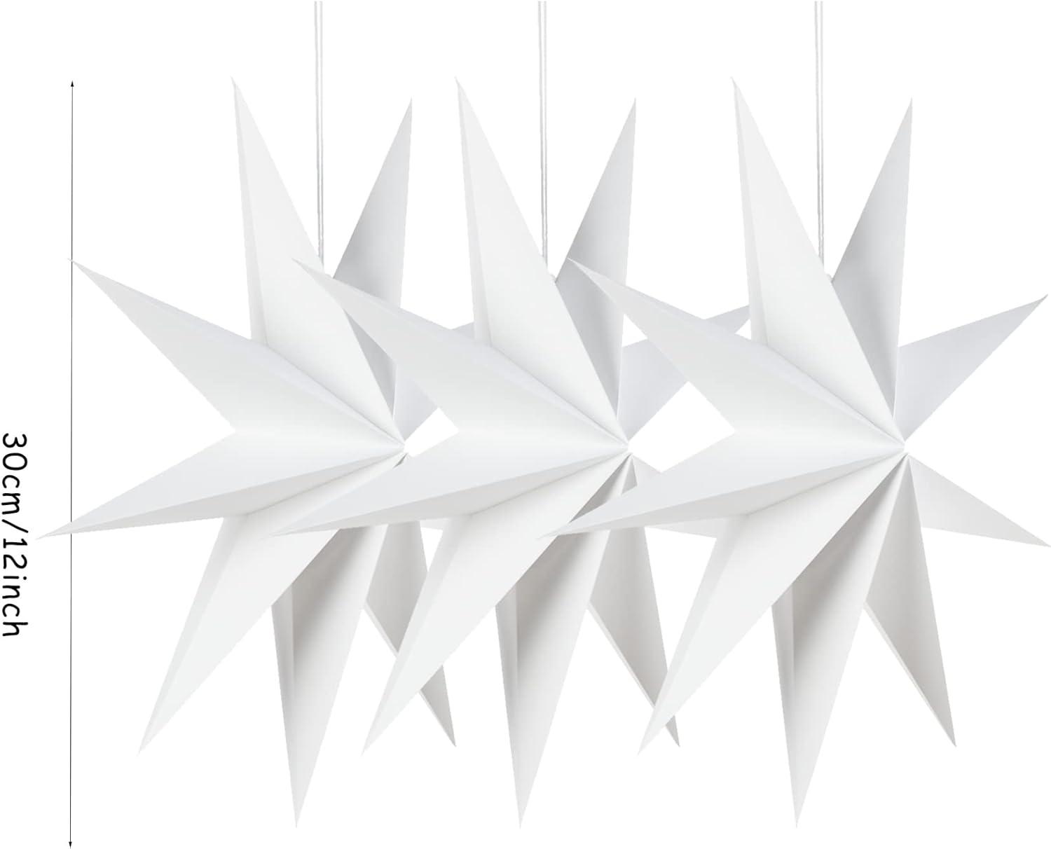 imageSUNBEAUTY 3 Pcs 9Pointed White Paper Star Lanterns 12 Inch Hanging Lampshade Wedding Birthday Christmas Home Party DecorationWhite