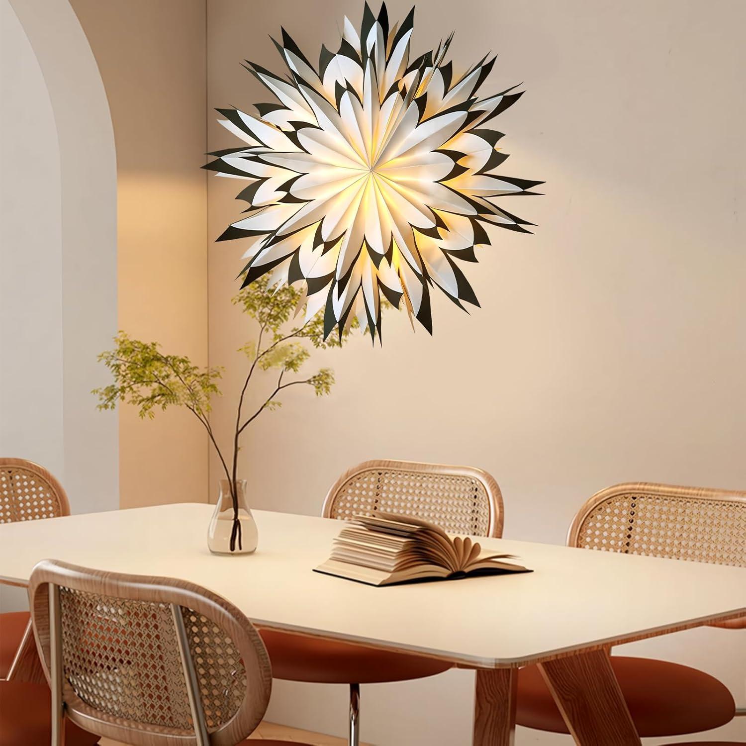 imageSUNBEAUTY 3 Pcs 9Pointed White Paper Star Lanterns 12 Inch Hanging Lampshade Wedding Birthday Christmas Home Party DecorationWhite Black