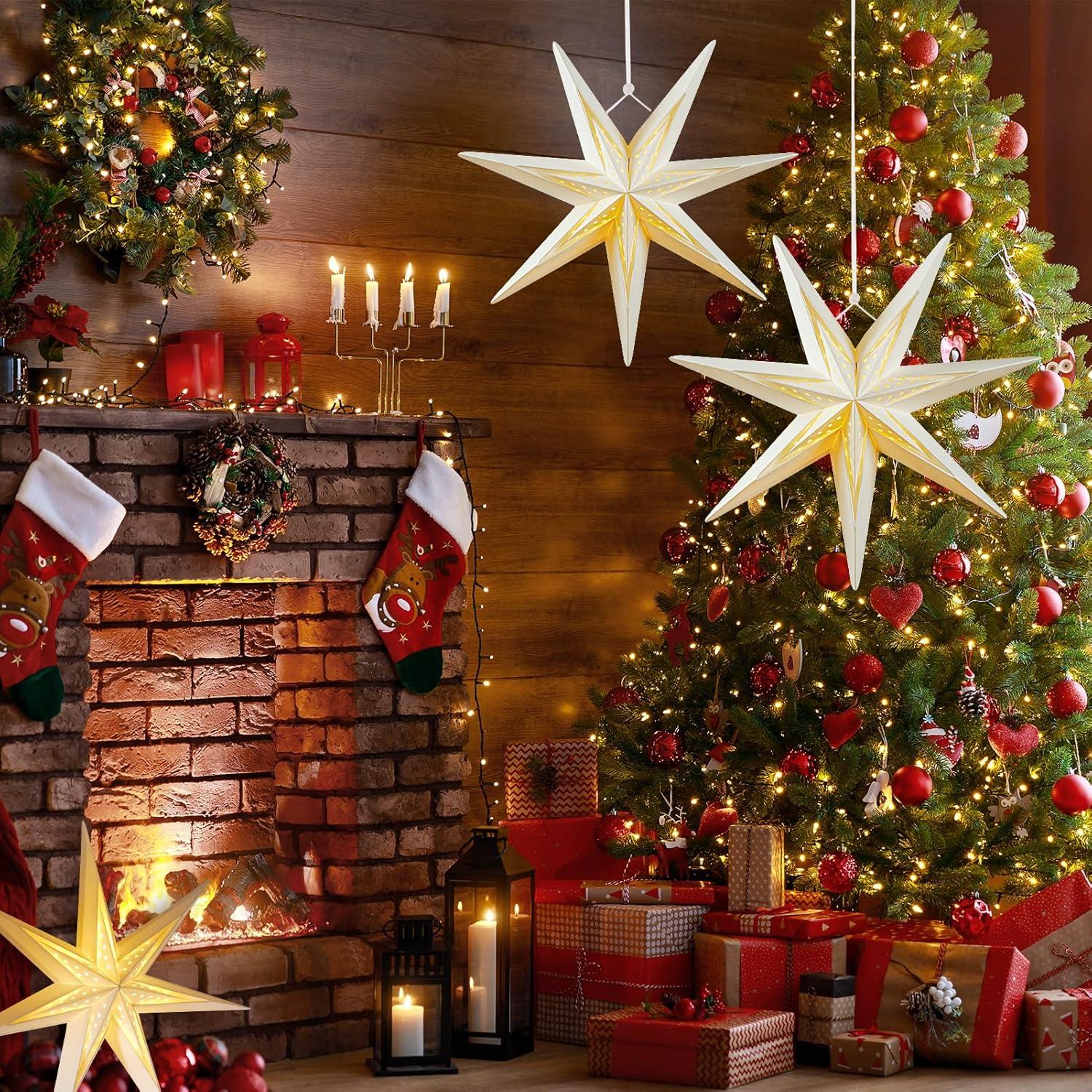 imageSUNBEAUTY 3 Pcs 9Pointed White Paper Star Lanterns 12 Inch Hanging Lampshade Wedding Birthday Christmas Home Party DecorationWhite Hollow