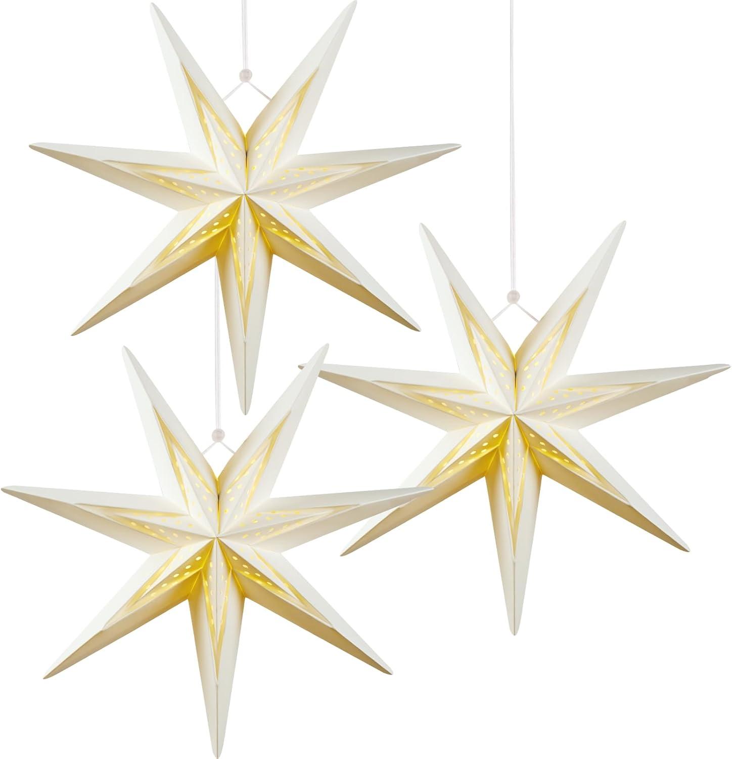 imageSUNBEAUTY 3 Pcs 9Pointed White Paper Star Lanterns 12 Inch Hanging Lampshade Wedding Birthday Christmas Home Party DecorationWhite Hollow