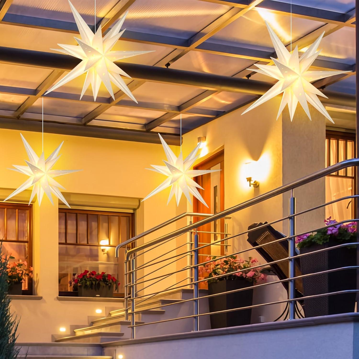 imageSUNBEAUTY 3 Pcs 9Pointed White Paper Star Lanterns 12 Inch Hanging Lampshade Wedding Birthday Christmas Home Party DecorationWhite Waterproof