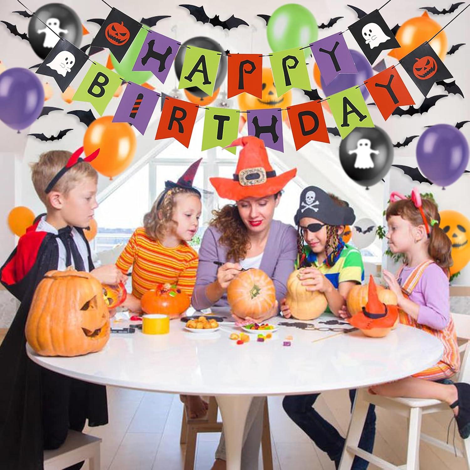 imageSUNBEAUTY 90 Pcs Halloween Balloon Arch Garland Kit with Happy Birthday Banner 3D PVC Bats for Kids Birthday Halloween Party Baby Shower Decorations Supplies