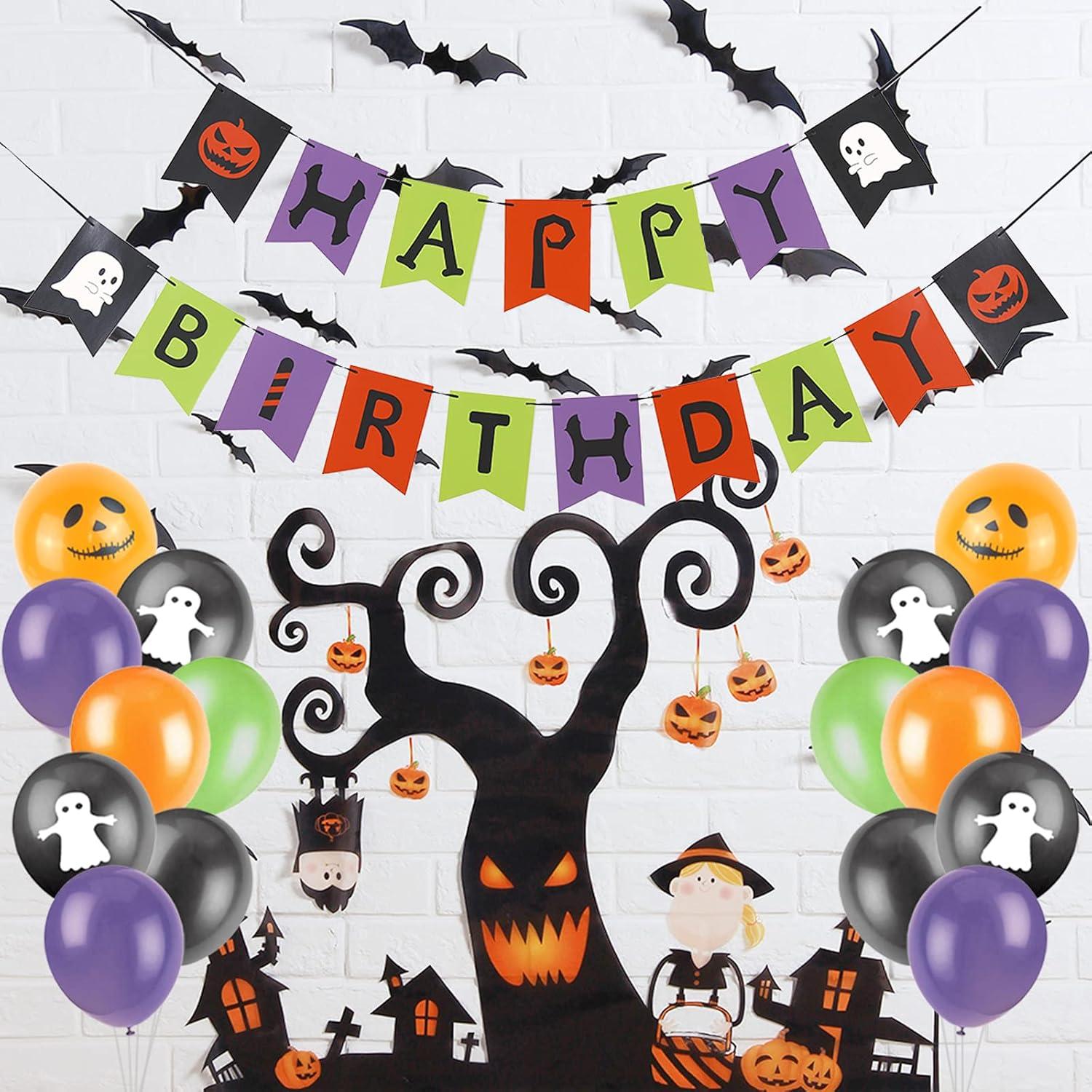 imageSUNBEAUTY 90 Pcs Halloween Balloon Arch Garland Kit with Happy Birthday Banner 3D PVC Bats for Kids Birthday Halloween Party Baby Shower Decorations Supplies