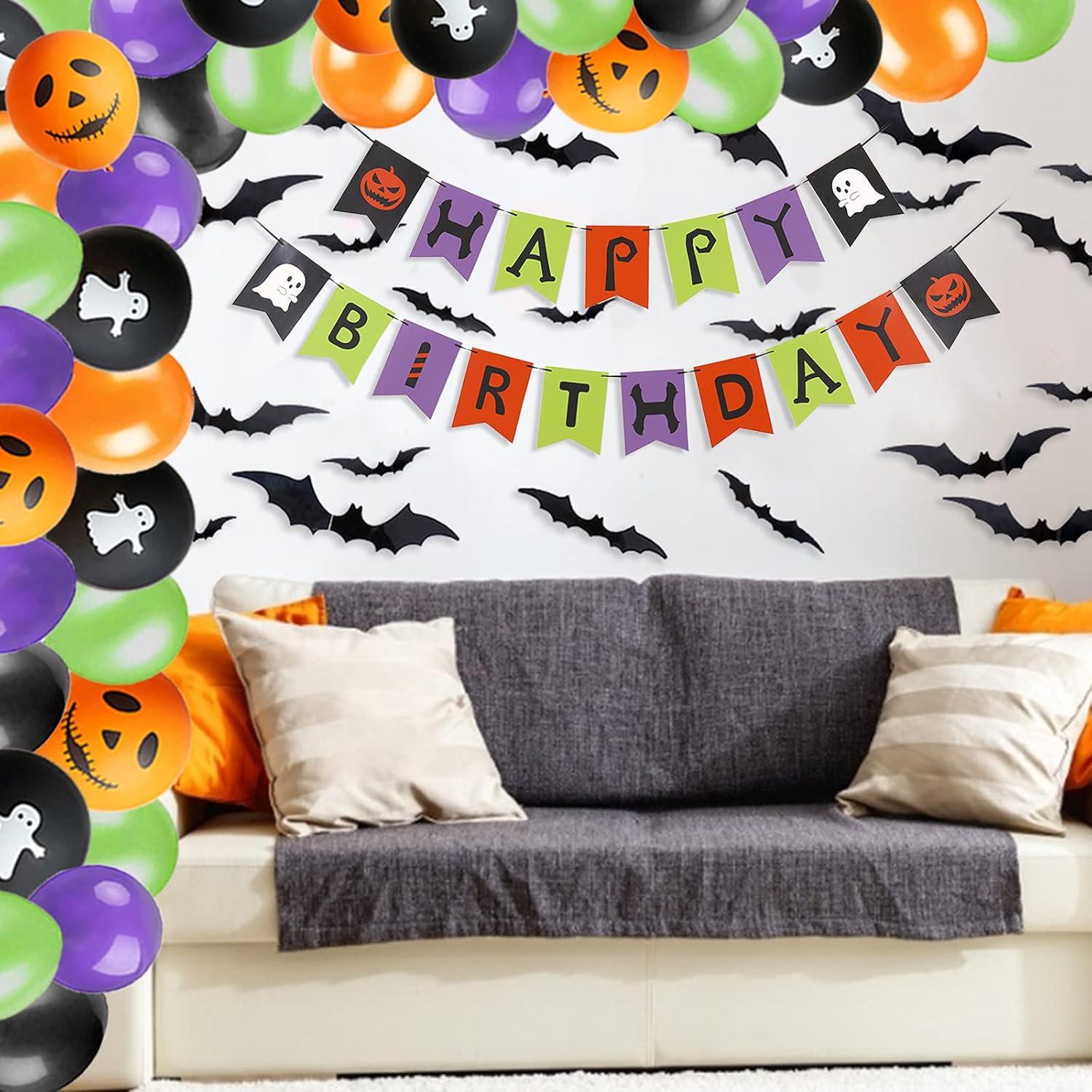 imageSUNBEAUTY 90 Pcs Halloween Balloon Arch Garland Kit with Happy Birthday Banner 3D PVC Bats for Kids Birthday Halloween Party Baby Shower Decorations Supplies