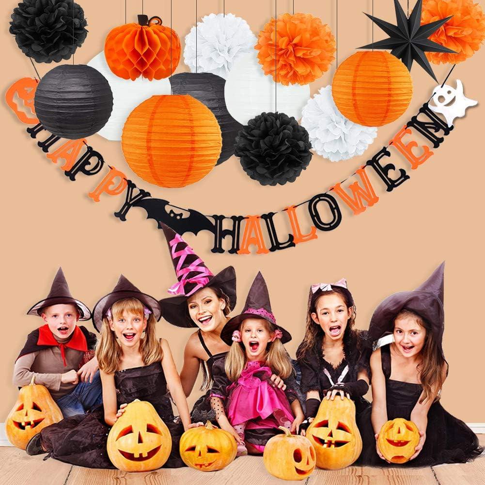 imageSUNBEAUTY Halloween Party Hanging Decorations Orange Black White Paper Lanterns Paper Pom Poms Balls for Halloween Wedding Birthday Bridal Baby Shower Graduation Decoration 15Pcs