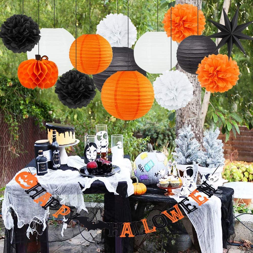 imageSUNBEAUTY Halloween Party Hanging Decorations Orange Black White Paper Lanterns Paper Pom Poms Balls for Halloween Wedding Birthday Bridal Baby Shower Graduation Decoration 15Pcs