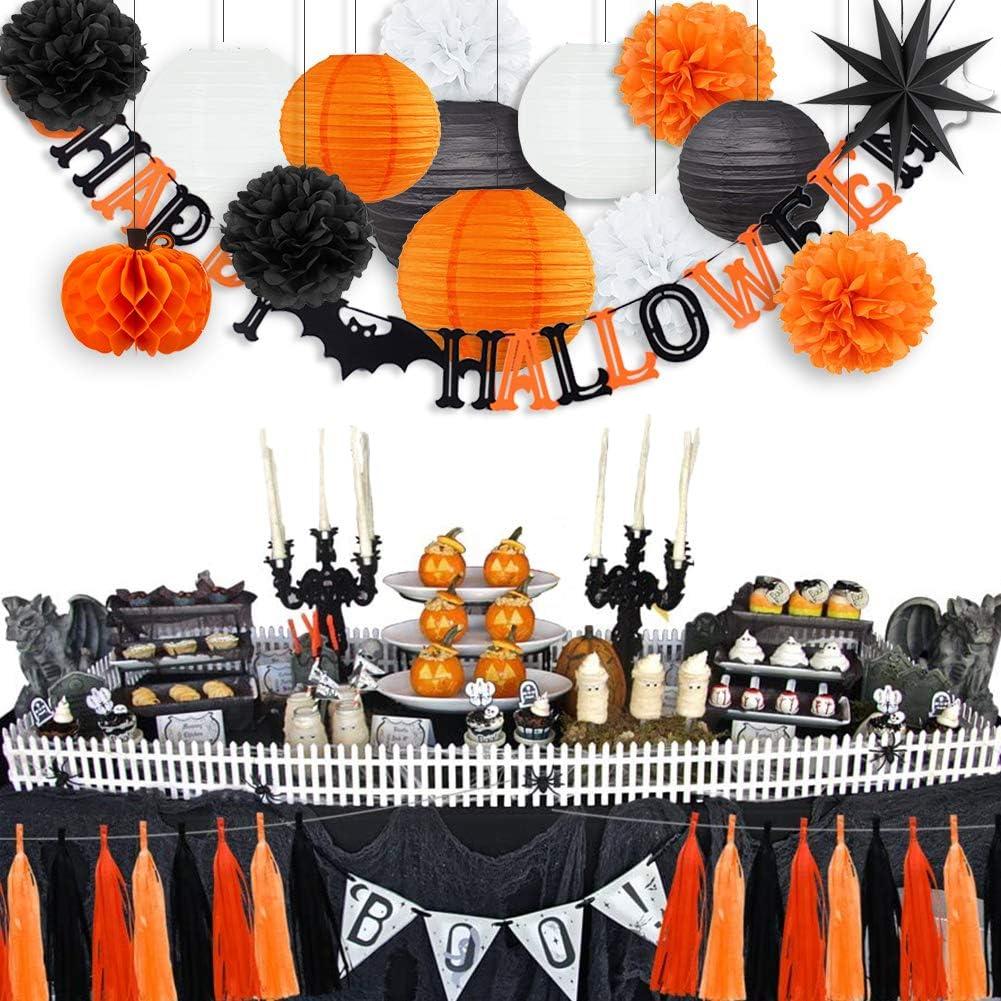 imageSUNBEAUTY Halloween Party Hanging Decorations Orange Black White Paper Lanterns Paper Pom Poms Balls for Halloween Wedding Birthday Bridal Baby Shower Graduation Decoration 15Pcs