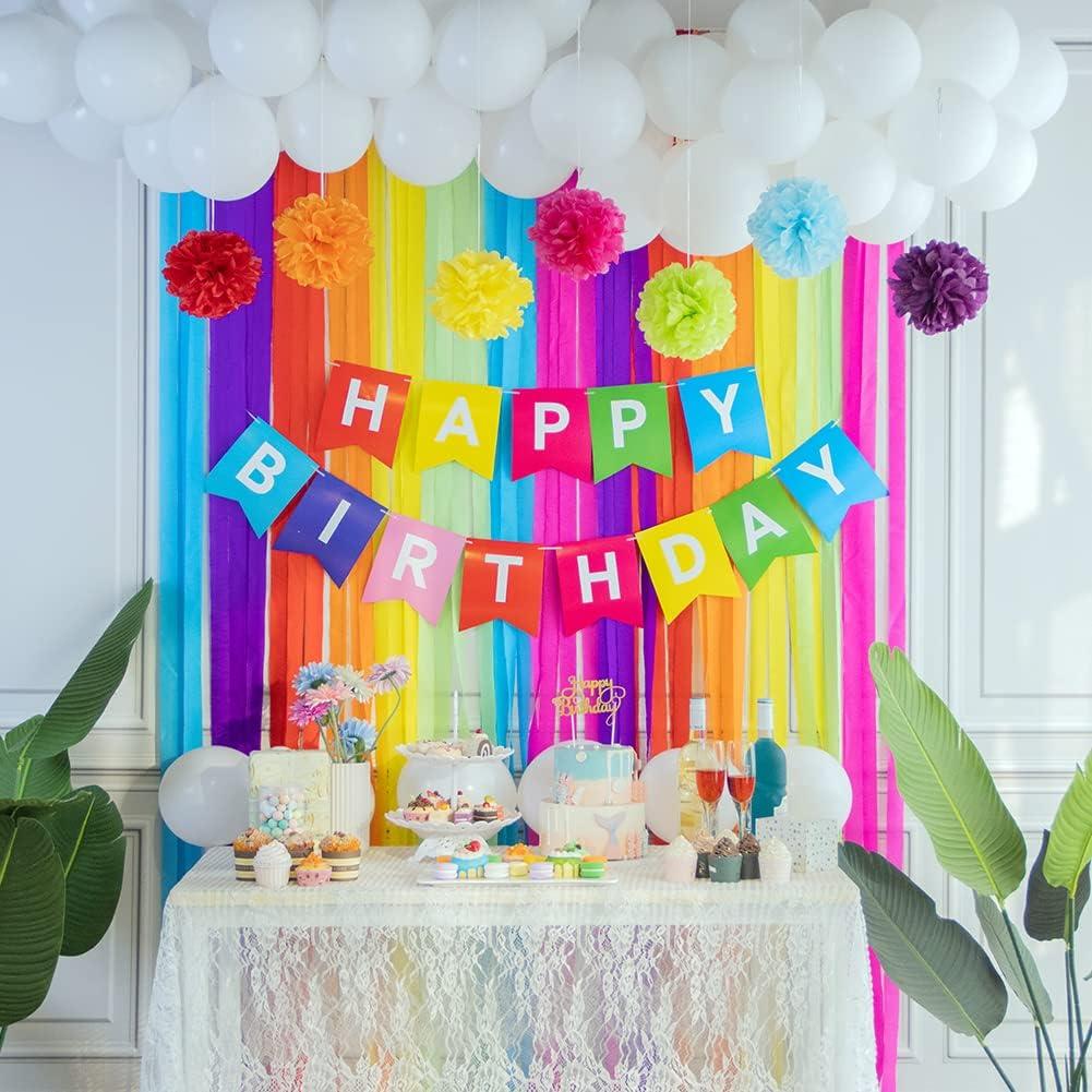 imageSUNBEAUTY Rainbow Birthday Decorations with Happy Birthday Banner 50PCS White Balloons Rainbow Crepe Paper Streamers Colorful Paper Pom Poms for Kids Birthday Baby Shower Wedding Party Decorations