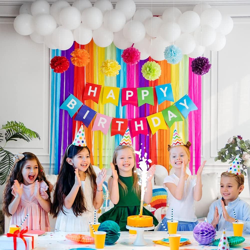 imageSUNBEAUTY Rainbow Birthday Decorations with Happy Birthday Banner 50PCS White Balloons Rainbow Crepe Paper Streamers Colorful Paper Pom Poms for Kids Birthday Baby Shower Wedding Party Decorations