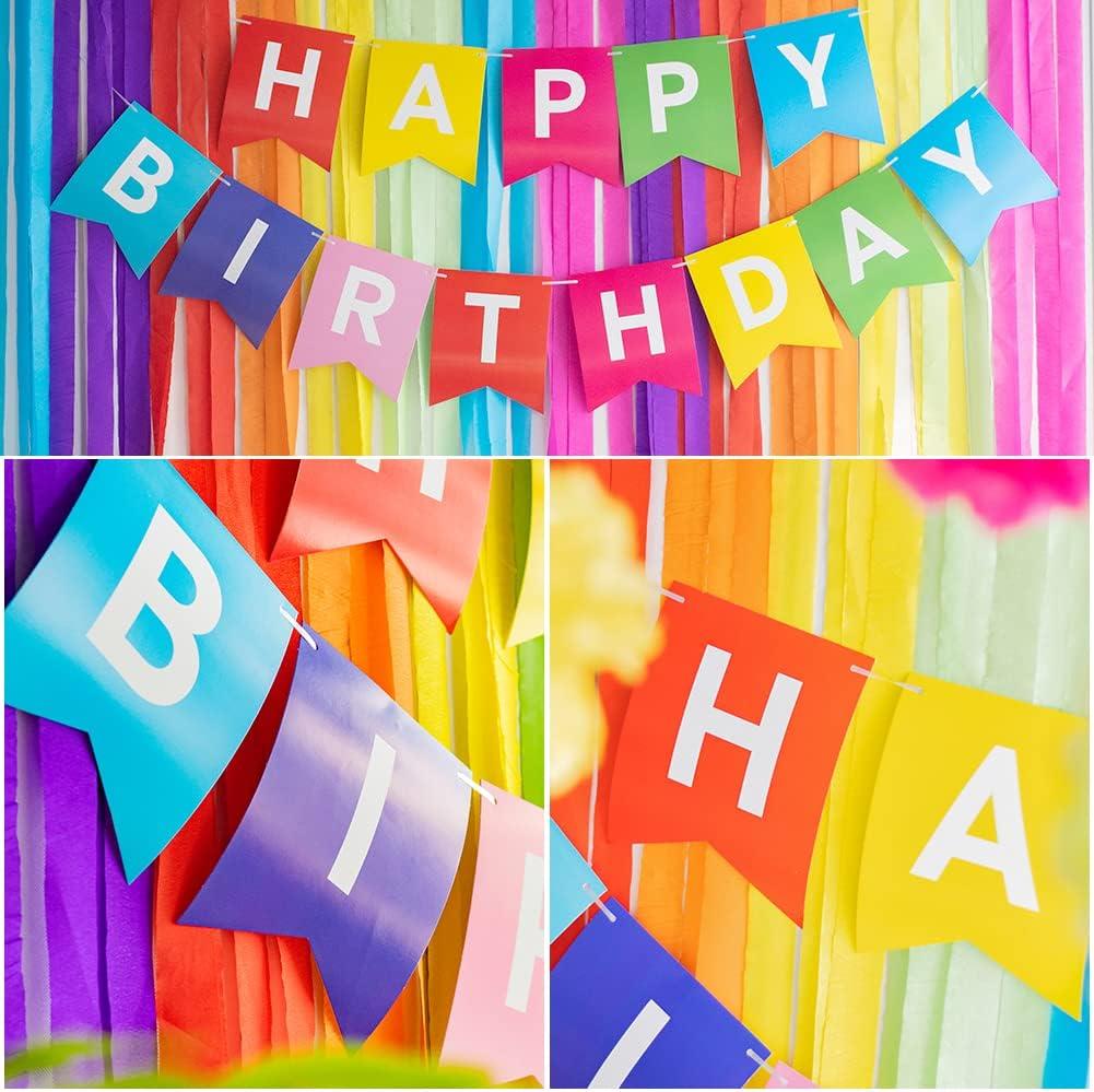 imageSUNBEAUTY Rainbow Birthday Decorations with Happy Birthday Banner 50PCS White Balloons Rainbow Crepe Paper Streamers Colorful Paper Pom Poms for Kids Birthday Baby Shower Wedding Party Decorations