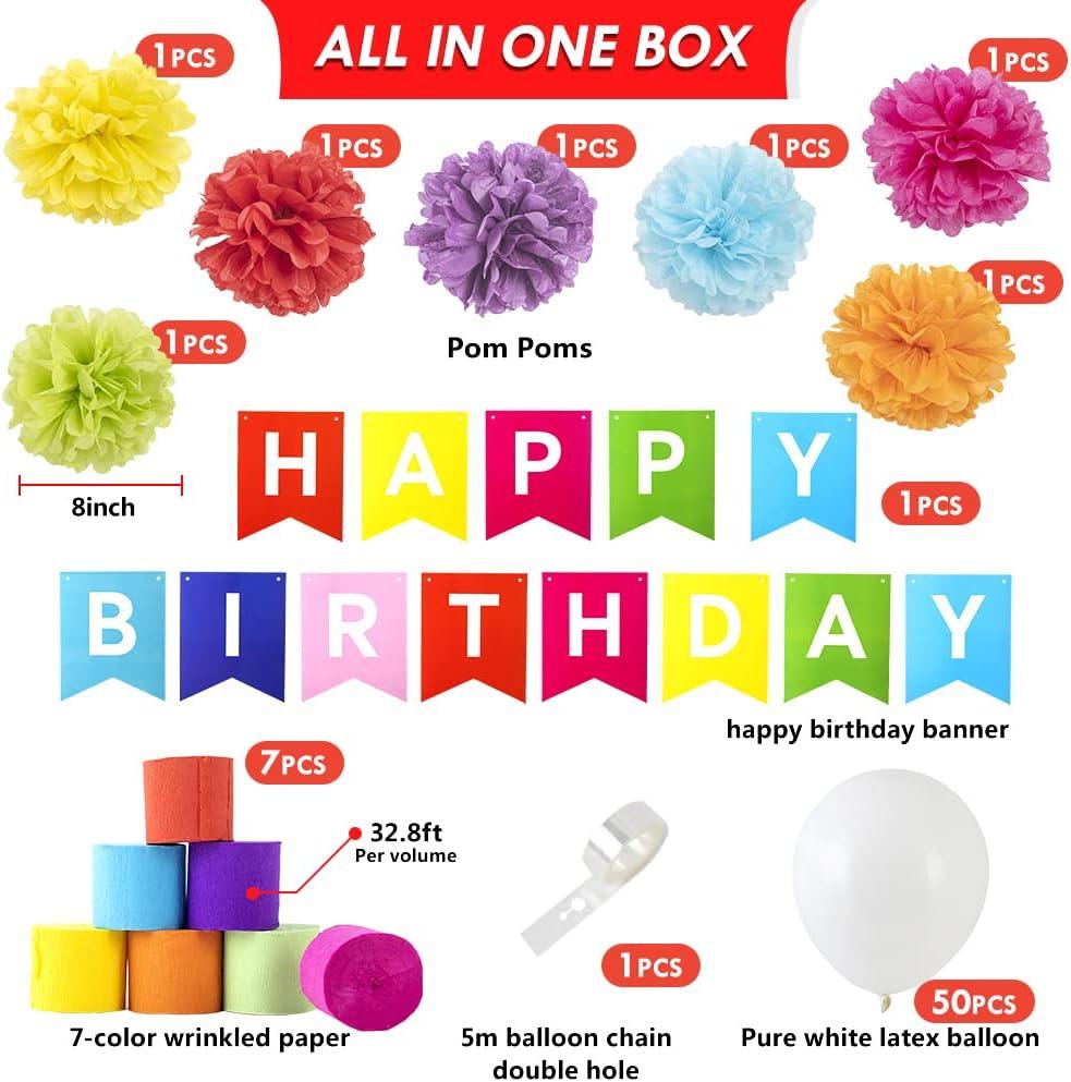 imageSUNBEAUTY Rainbow Birthday Decorations with Happy Birthday Banner 50PCS White Balloons Rainbow Crepe Paper Streamers Colorful Paper Pom Poms for Kids Birthday Baby Shower Wedding Party Decorations