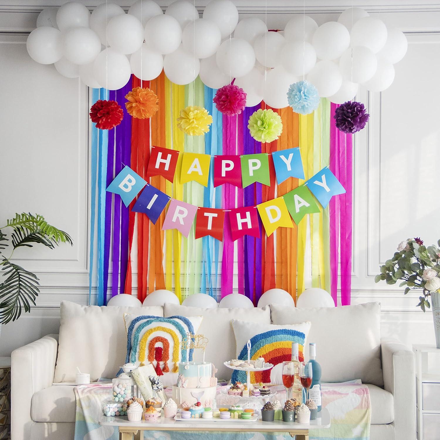 imageSUNBEAUTY Rainbow Birthday Decorations with Happy Birthday Banner 50PCS White Balloons Rainbow Crepe Paper Streamers Colorful Paper Pom Poms for Kids Birthday Baby Shower Wedding Party Decorations