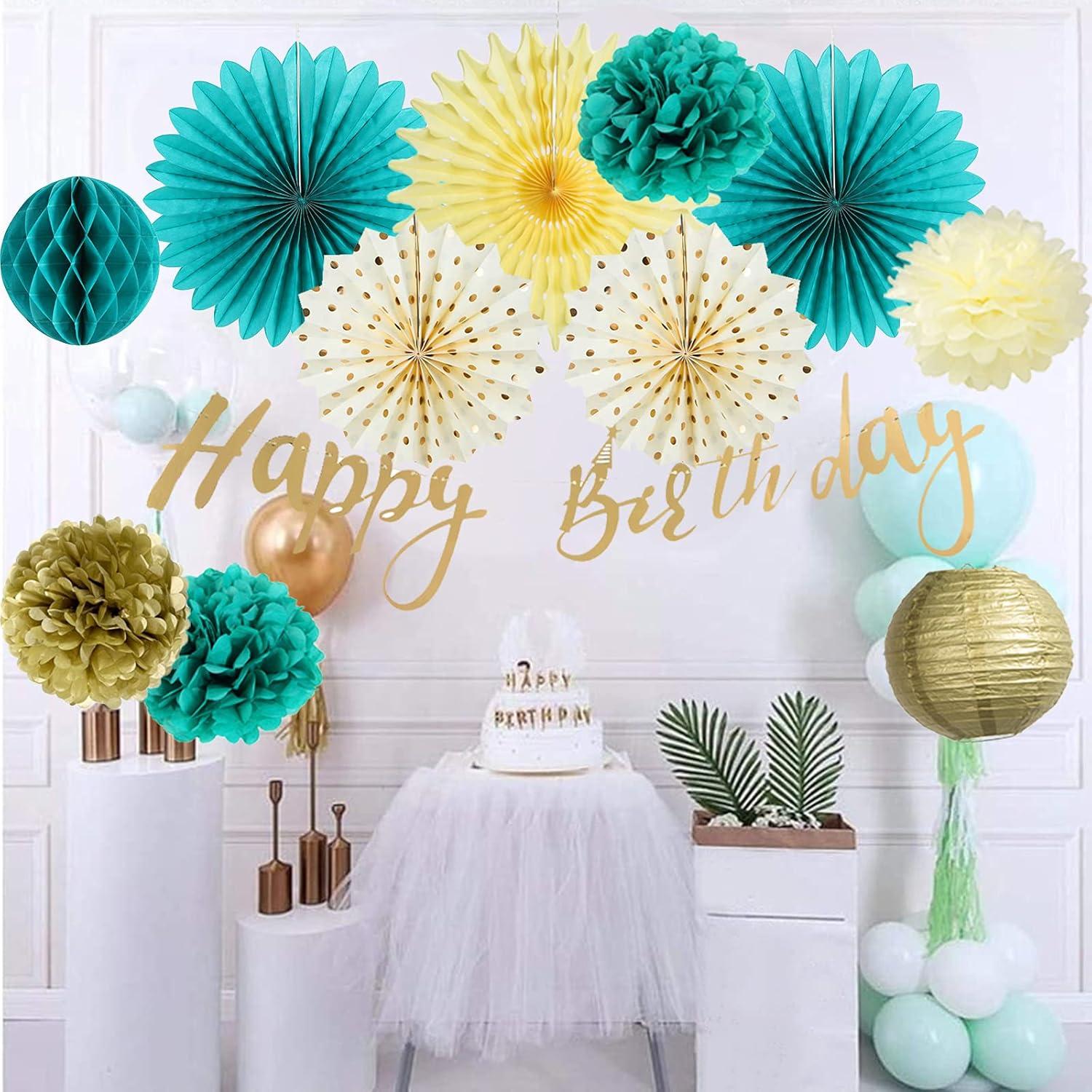imageSUNBEAUTY Teal ampamp Gold Party Decorations Paper Fans Tissue Pom Poms Happy Birthday Banner for Baby Showers ampamp Womens 30th40th BirthdaysBlue Green Gold