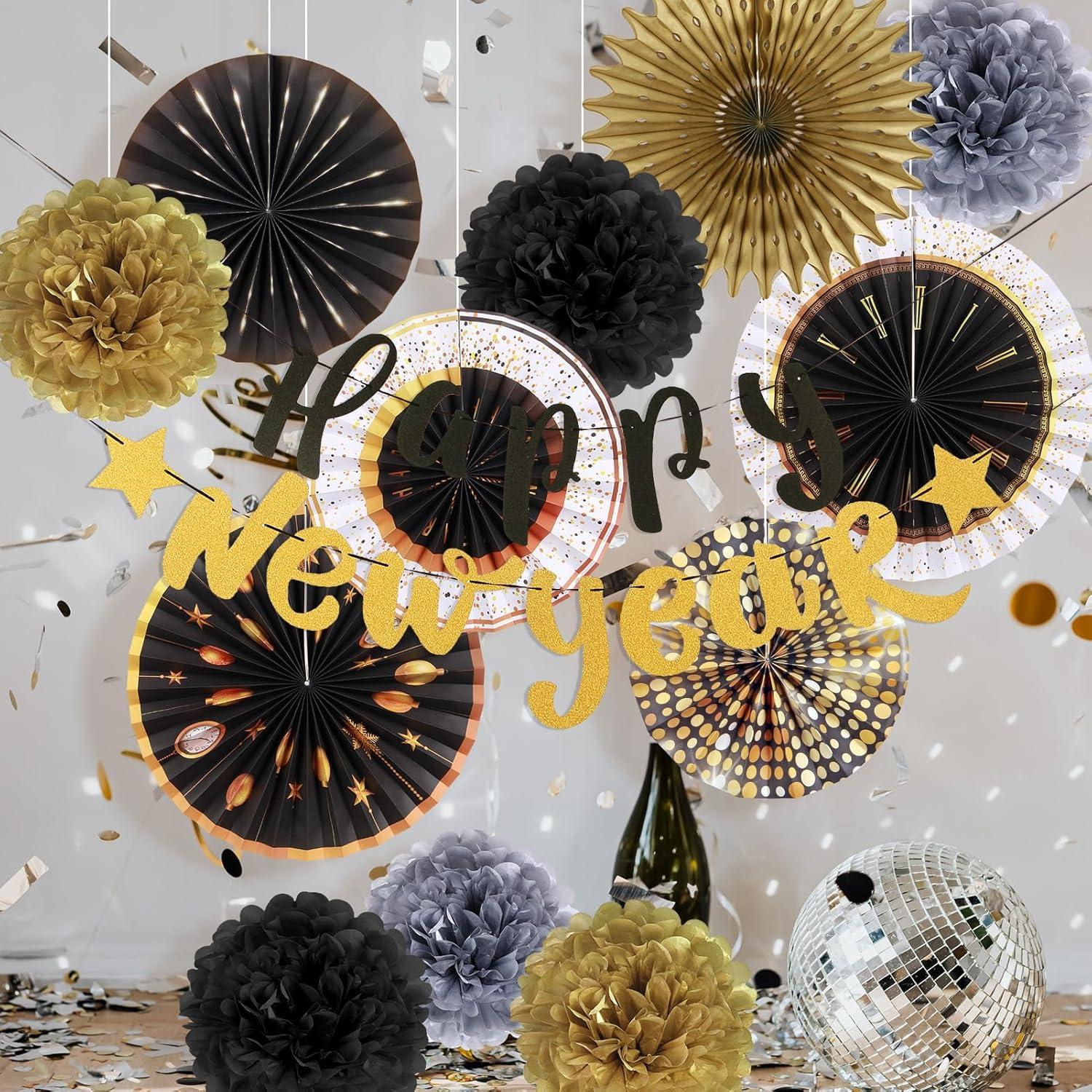 imageSUNBEAUTY Teal ampamp Gold Party Decorations Paper Fans Tissue Pom Poms Happy Birthday Banner for Baby Showers ampamp Womens 30th40th BirthdaysGold Black