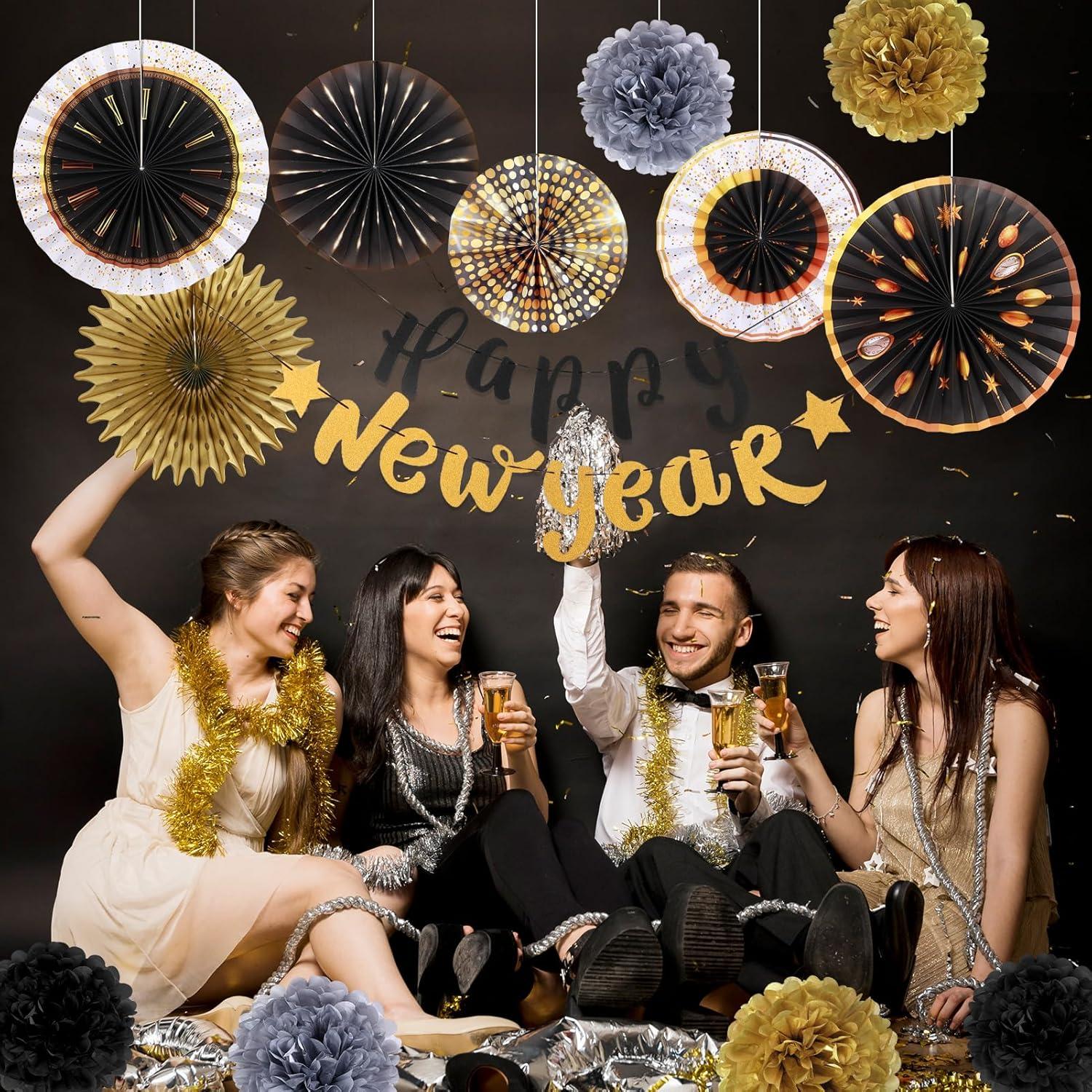 imageSUNBEAUTY Teal ampamp Gold Party Decorations Paper Fans Tissue Pom Poms Happy Birthday Banner for Baby Showers ampamp Womens 30th40th BirthdaysGold Black