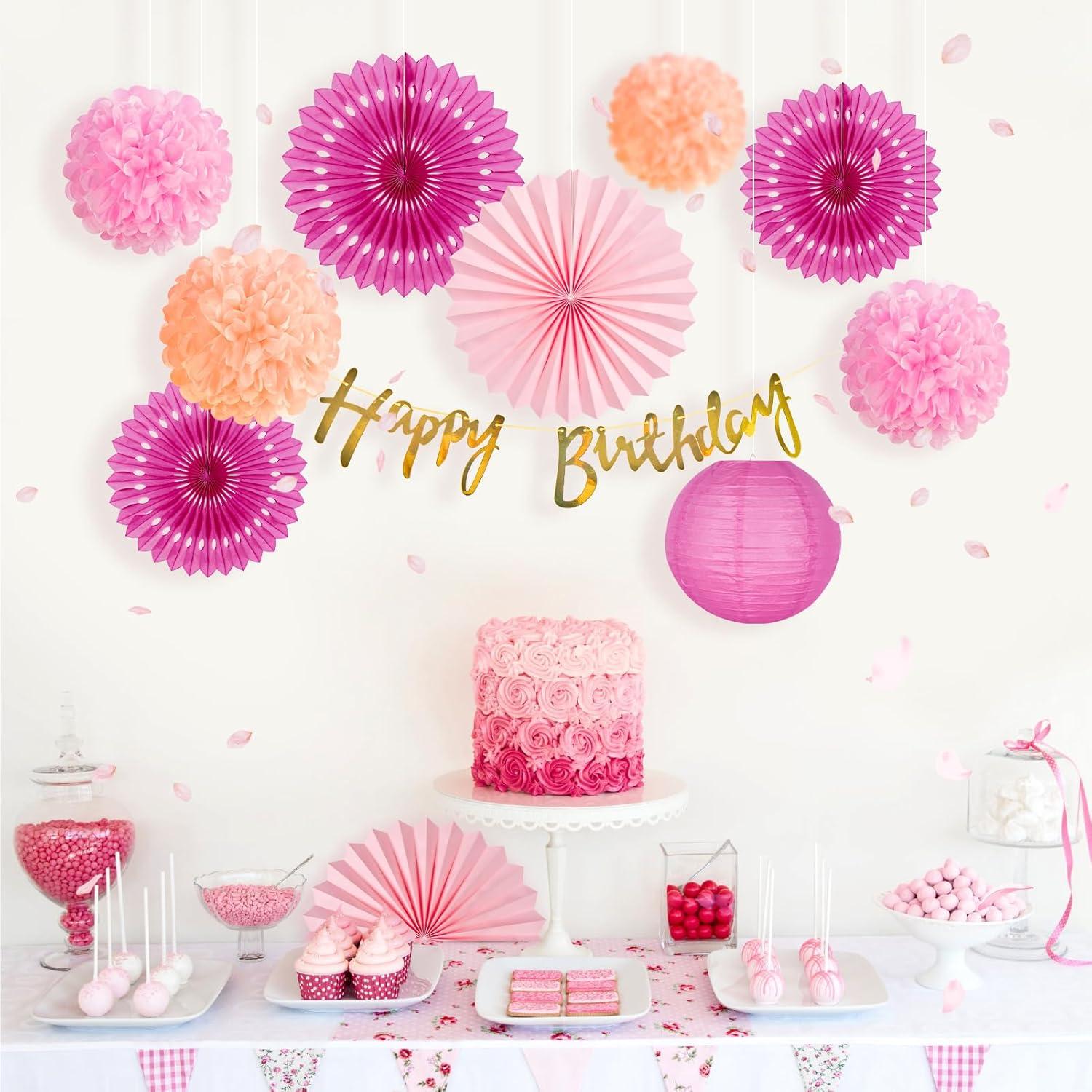 imageSUNBEAUTY Teal ampamp Gold Party Decorations Paper Fans Tissue Pom Poms Happy Birthday Banner for Baby Showers ampamp Womens 30th40th BirthdaysHot Pink